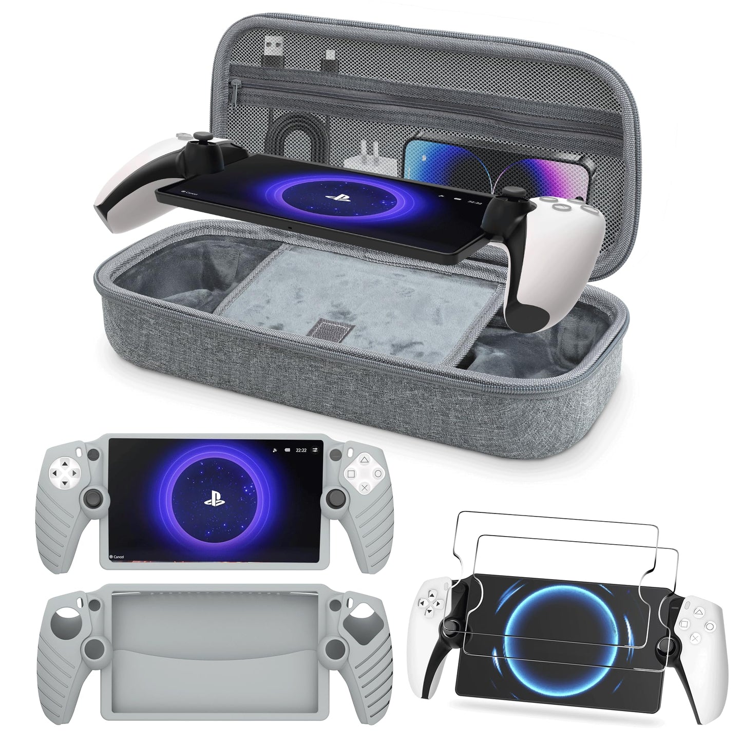 Foluck 3 in 1 Accessoris Set Compatible with Playstation Portal EVA Carrying Case for PS5 Portal Soft Silicone Protective Cover 2 Pack Screen Protector Ps Portal Accessories Grey