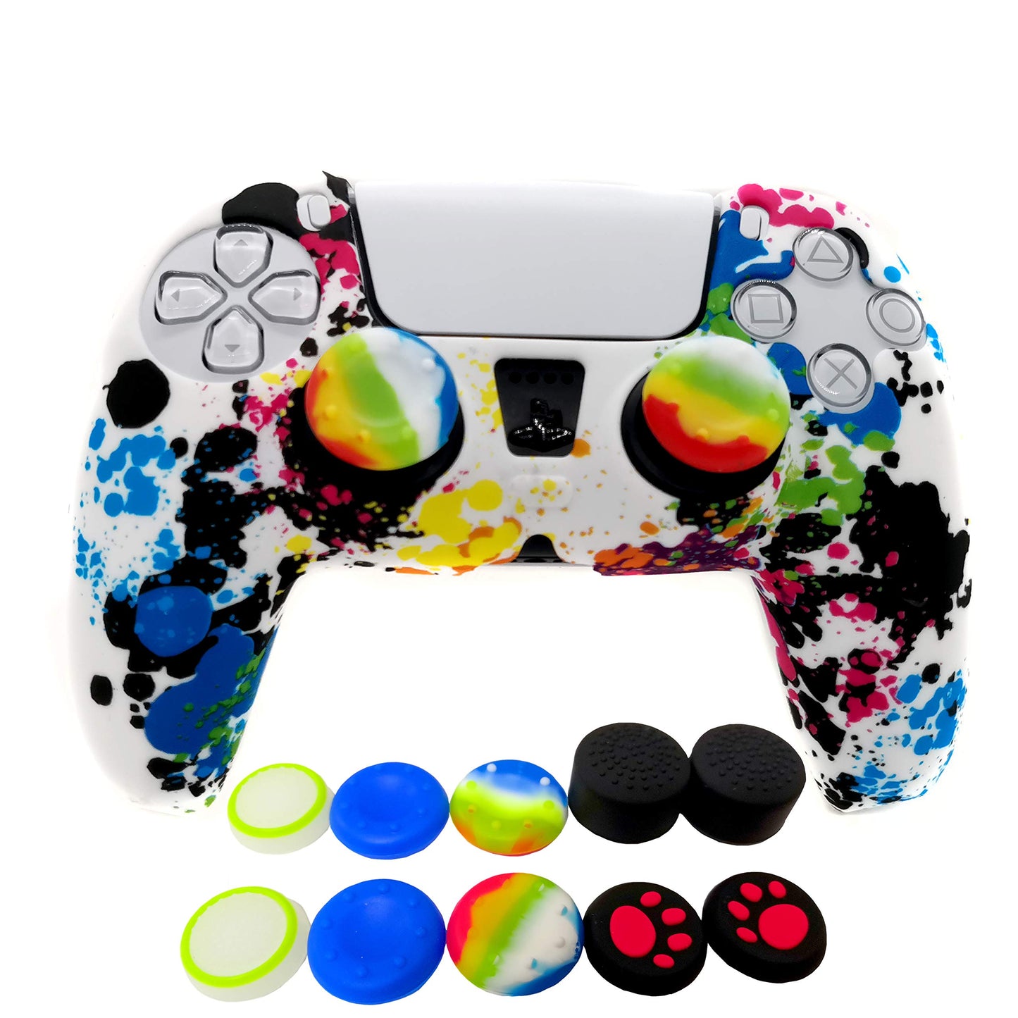 Skin for PS5 Controller Grips, Silicone Case Cover for PlayStation 5 Anti-Slip Protector with 10pcs Thumb Joysticks Caps (Graffi