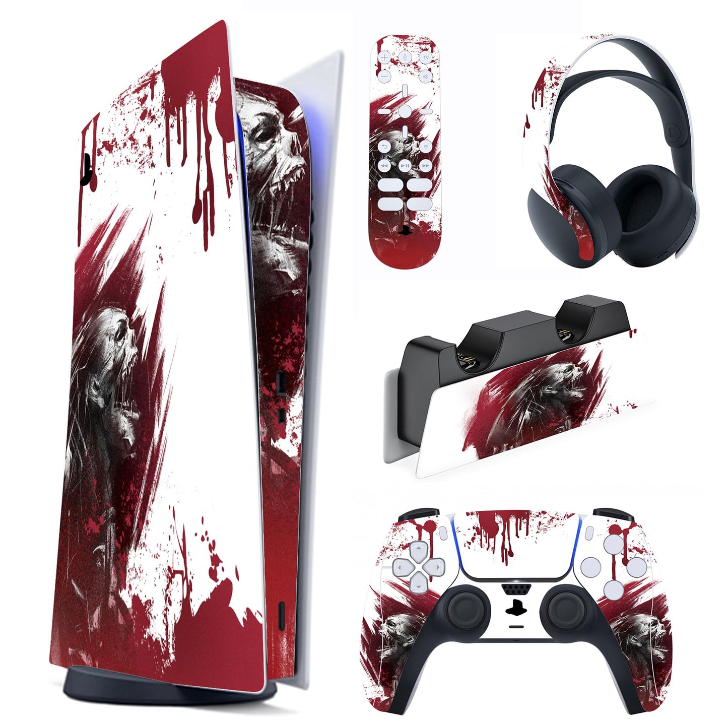 PlayVital Full Set Skin Decal for ps5 Console Digital Edition Sticker Vinyl Decal Cover for ps5 Controller & Charging Station & Headset & Media Remote - Blood Zombie