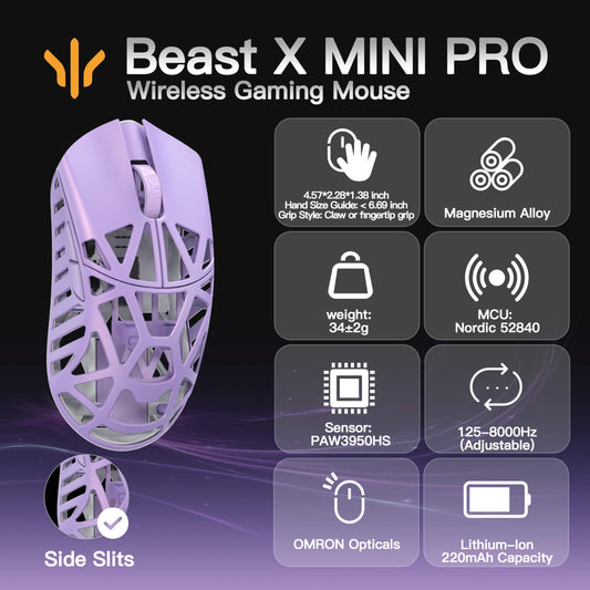 SMACKAPE Beast X Mini Pro Gaming Mouse - 34g, 30000 DPI, 8K Polling Rate, Soft Lilac, OM Switch, Customizable Panels, 116mm x