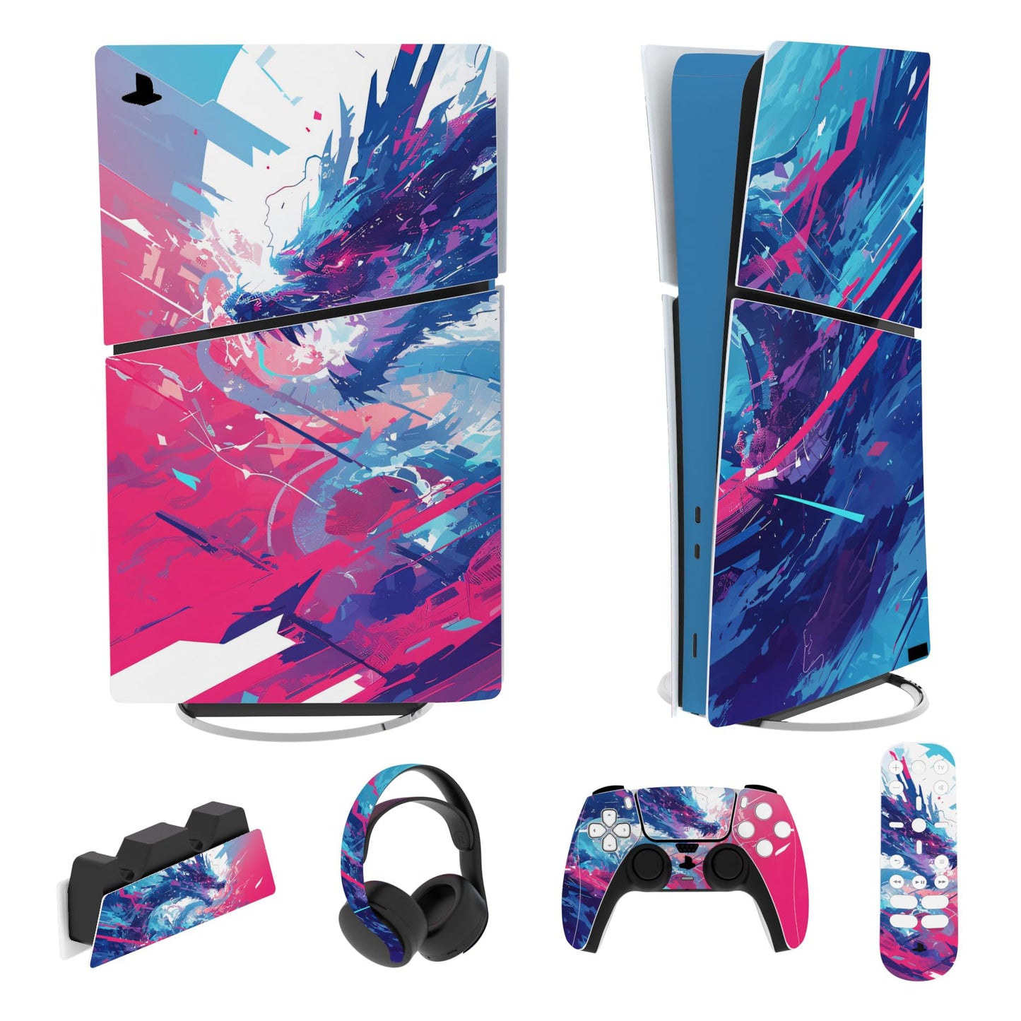 PlayVital Full Set Skin Sticker for ps5 Slim Console Digital Edition (The New Smaller Design) Vinyl Skin Decal Cover for ps5 Controller & Headset & Charging Station & Media Remote - Neon Dragoon