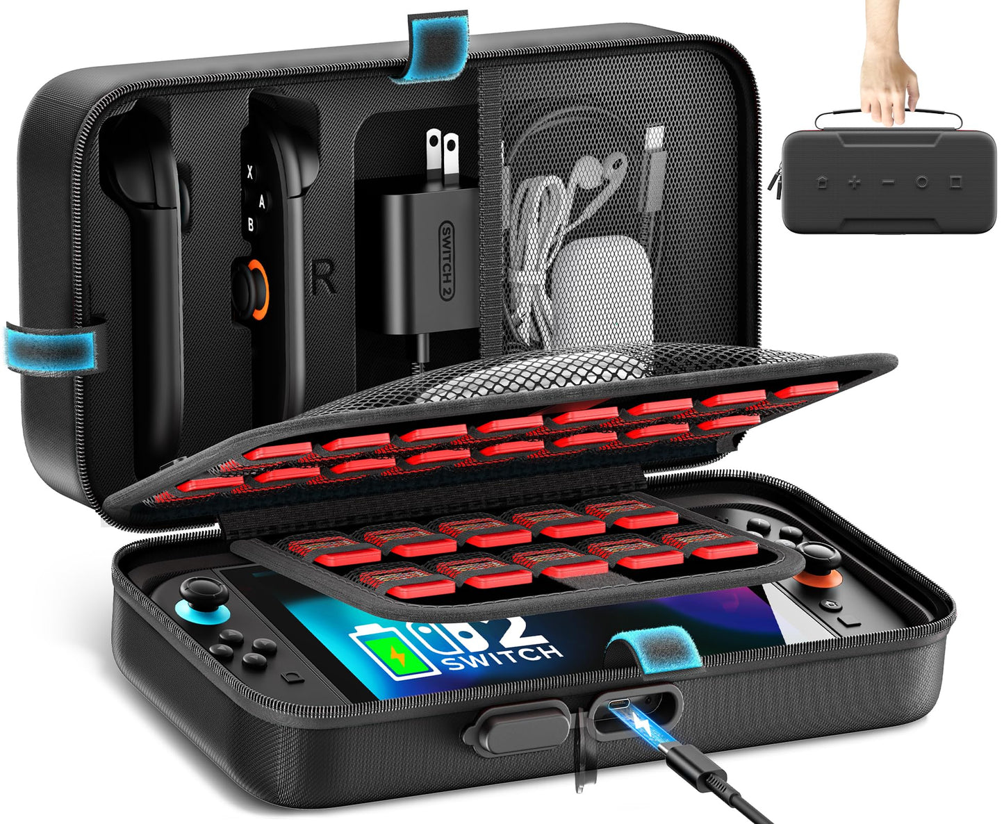 Switch 2 Carrying Case Charge Inside Compatible with Nintendo Switch 2 (2025)/ Original/ OLED Travel Carrying Case with Slots for Joycon 2 & AC Adapter Hard Shell Protective Bag for 26 Games Black