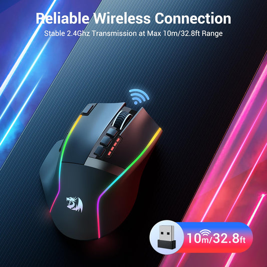 Redragon M915WL-RGB Wireless Gaming Mouse, 16000 DPI, Ergonomic, 9 Macro Buttons, RGB Backlight, Black