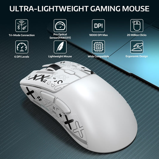ATTACK SHARK R1 Wireless Gaming Mouse - Tri-Mode (2.4G/Wired/BT5.2), 18K DPI, 55g Lightweight, White with Anti-slip Sticker