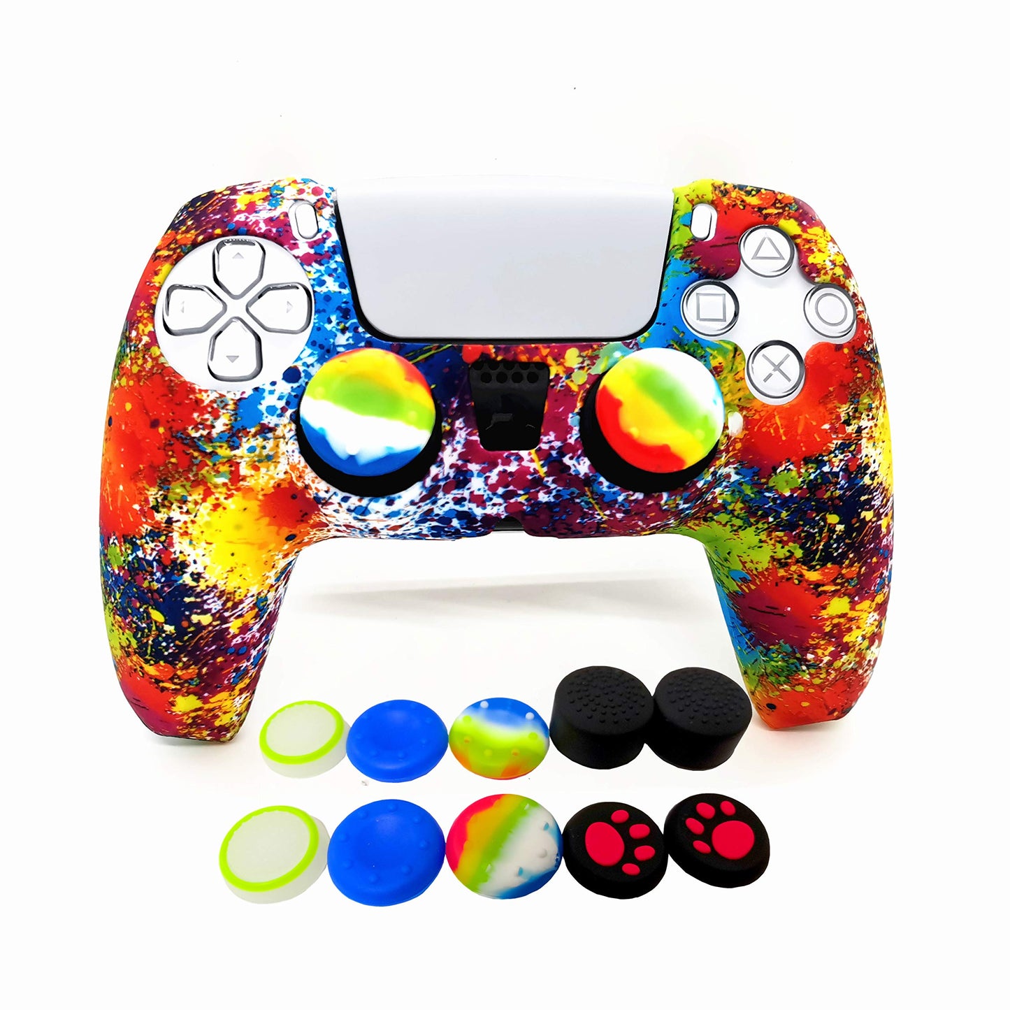 Skin for PS5 Controller Grips, Silicone Case Cover for PlayStation 5 Anti-Slip Protector with 10pcs Thumb Joysticks Caps (Splash