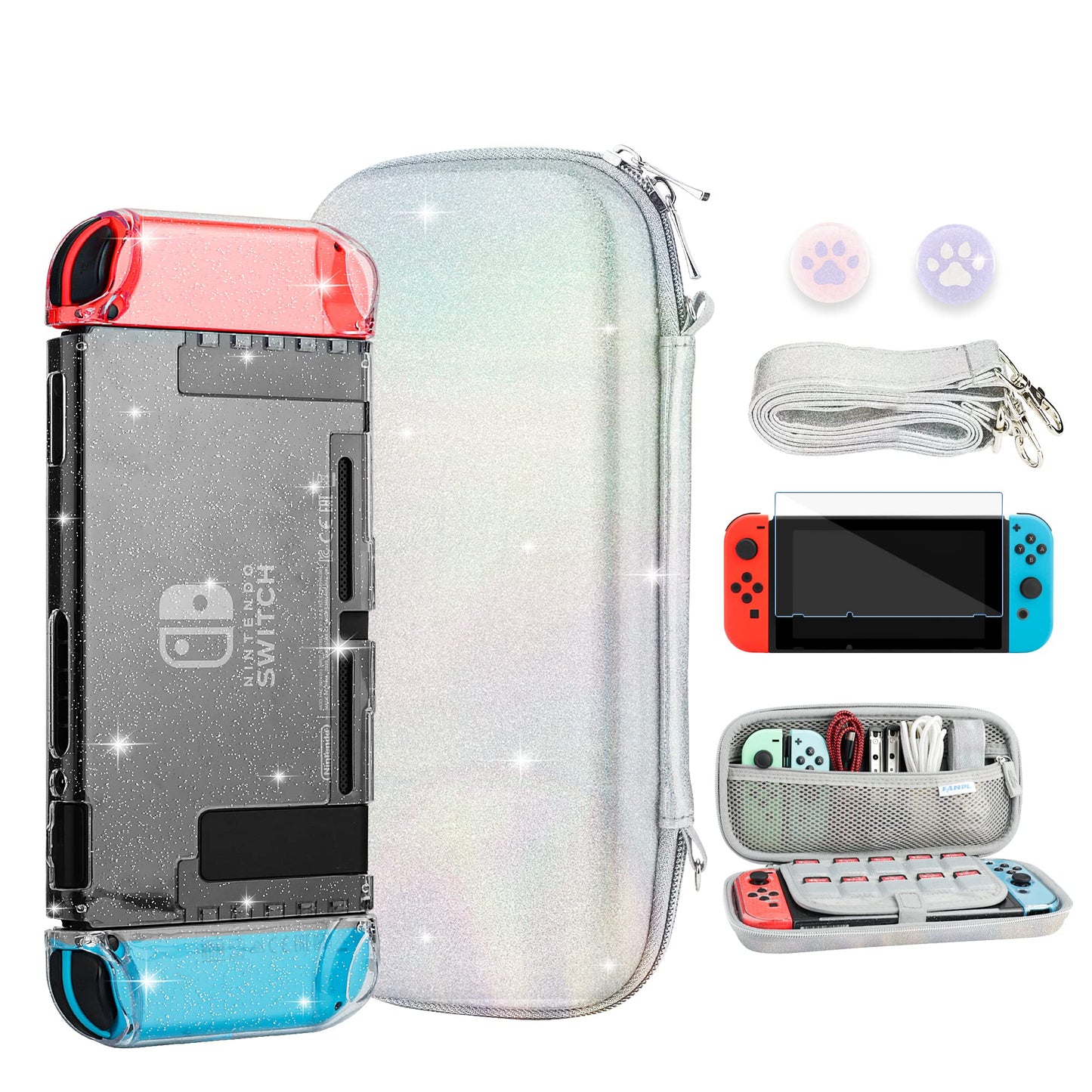 FANPL Glitter Case bundle for Nintendo Switch Accessories Rainbow Sparkle Carrying Cover for Switch & Joy Con Controller with Hard Protective Skin and Screen protector 2 Thumb Grips Shoulder Strap
