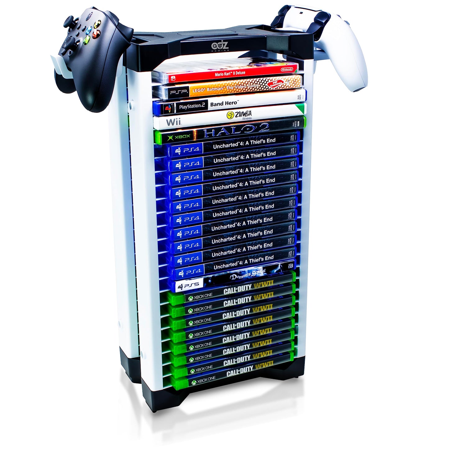 ADZ Universal Game Holder - 23 Game Storage Tower Rack for PS2 PS3 PS4 PS5 PSP Xbox 360 Xbox One Series X Wii Switch Games DVD and Blu-Ray Disks. Includes 2 Controller Mounts
