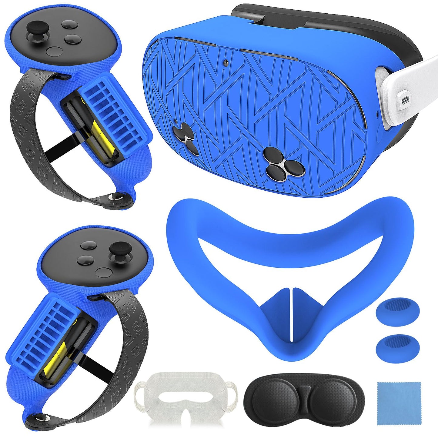 7-in-1 Protective Silicone Cover Set for Meta Quest 3s Accessories Included Battery Opening Controller Grips VR Silicone Face Cover and Shell Cover_(removee-Blue)