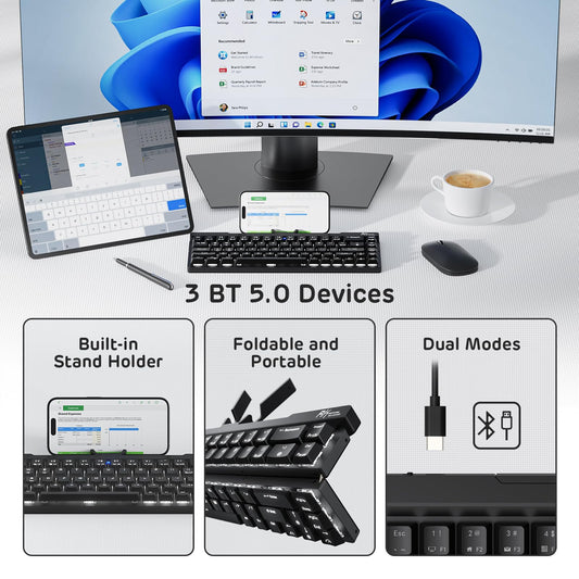 RK ROYAL KLUDGE F68 60% Wireless Mechanical Keyboard, Low Profile Red Switch, Black Aluminum Body, White Backlit, 68 Keys