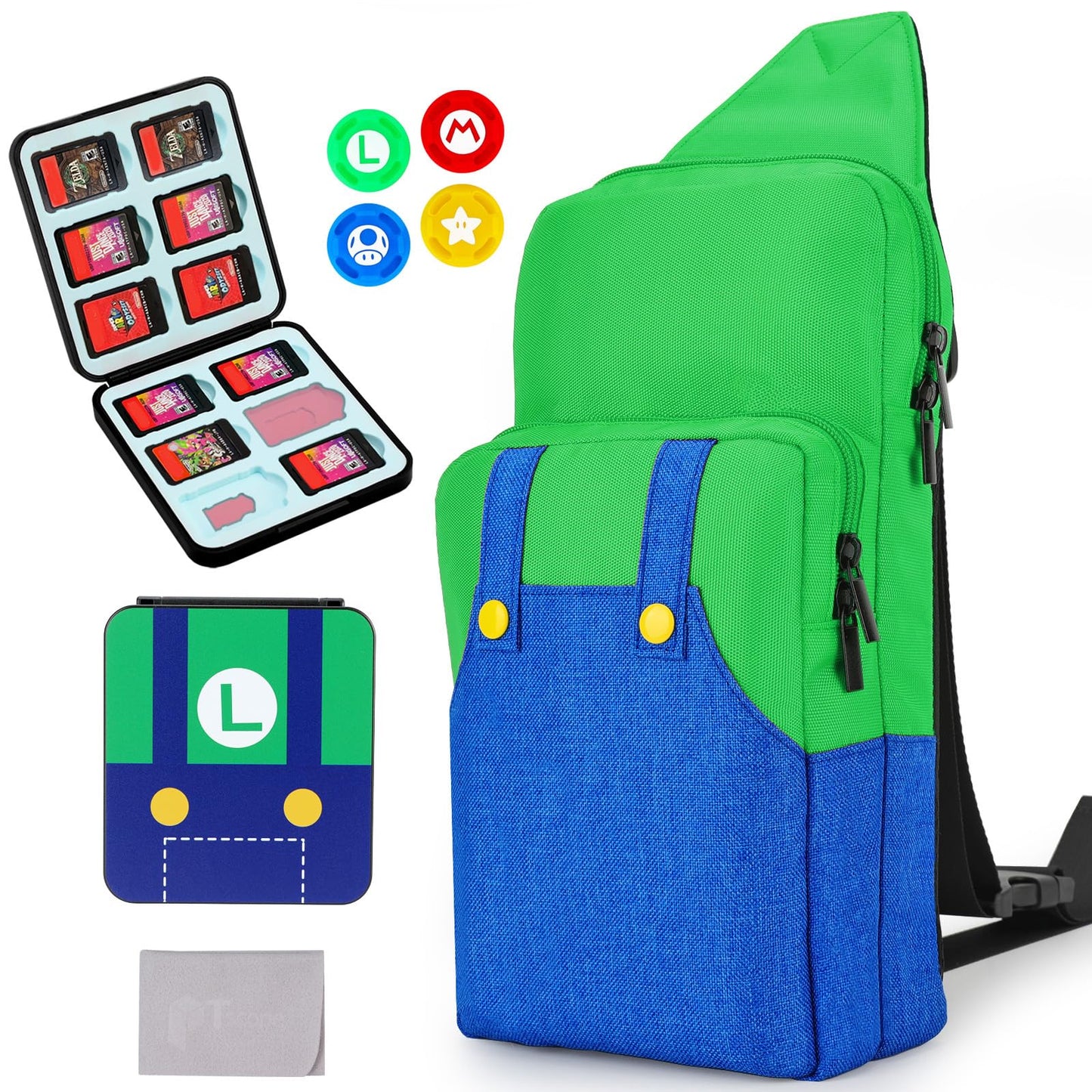 Owngen Travel Bag for Nintendo Switch/Lite/OLED for Super Liugi Portable Gaming Sling Chest Shoulder Crossbody Carrying Accessories Storage Backpack with Cute Game Card Case 4 Thumb Grip Caps