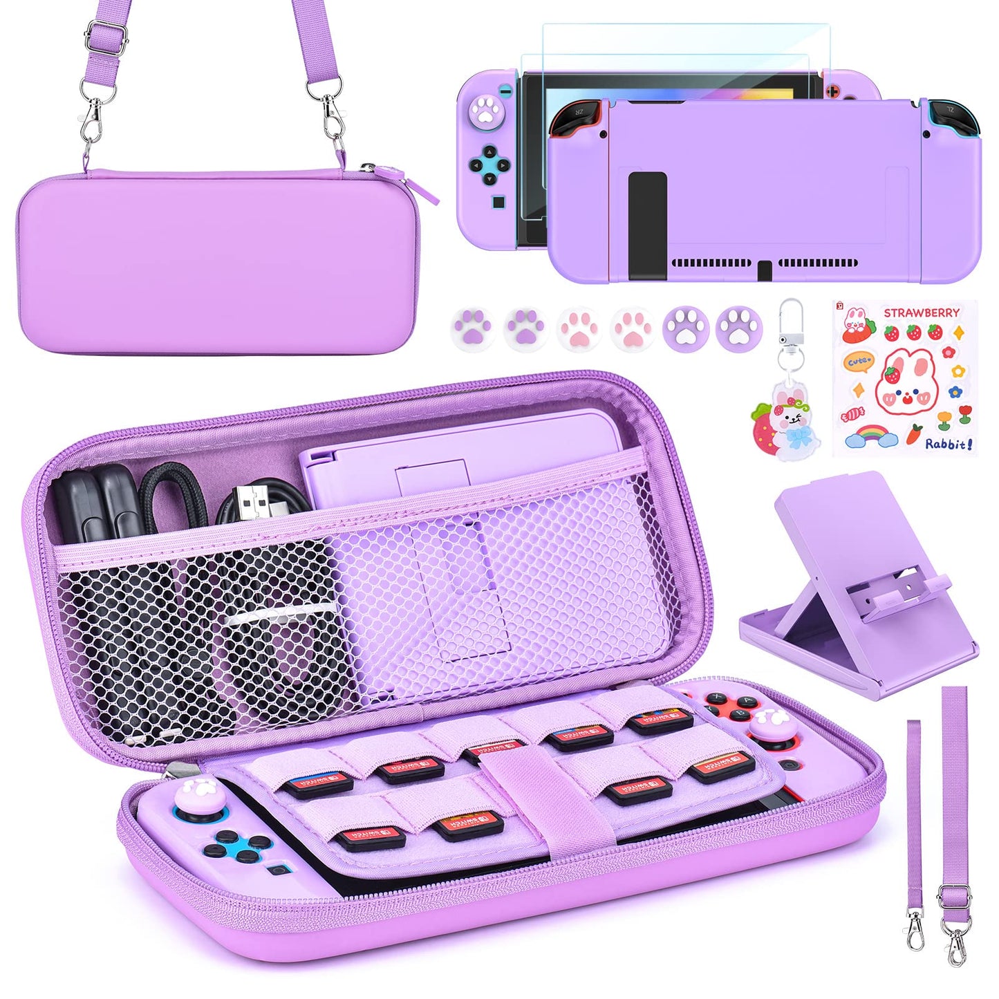 Younik Switch Accessories Bundle 15 in 1 Purple Switch Accessories Kit for Girls Include Switch Carrying Case with 9 Game Card sections Adjustable Stand Protective Case for Switch Console & J-Con