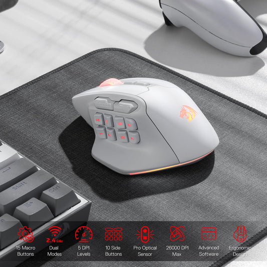 Redragon M811 PRO Wireless MMO Gaming Mouse - 15 Programmable Buttons, RGB, Ergonomic Design, White, M811 Wireless Model