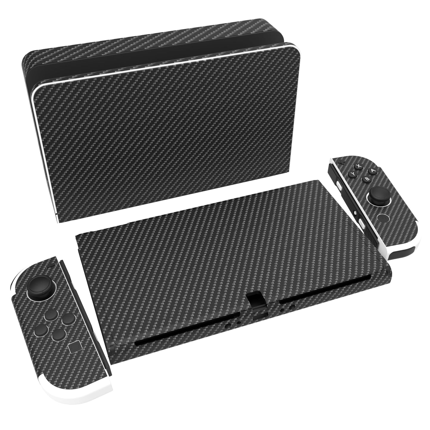 PlayVital for Nintendo Switch OLED Skins Full Set - No-Residue Protective Vinyl Decal Wrap Sticker for Switch OLED Console Dock Joycon & Hand Grips - Black Silver Carbon Fiber