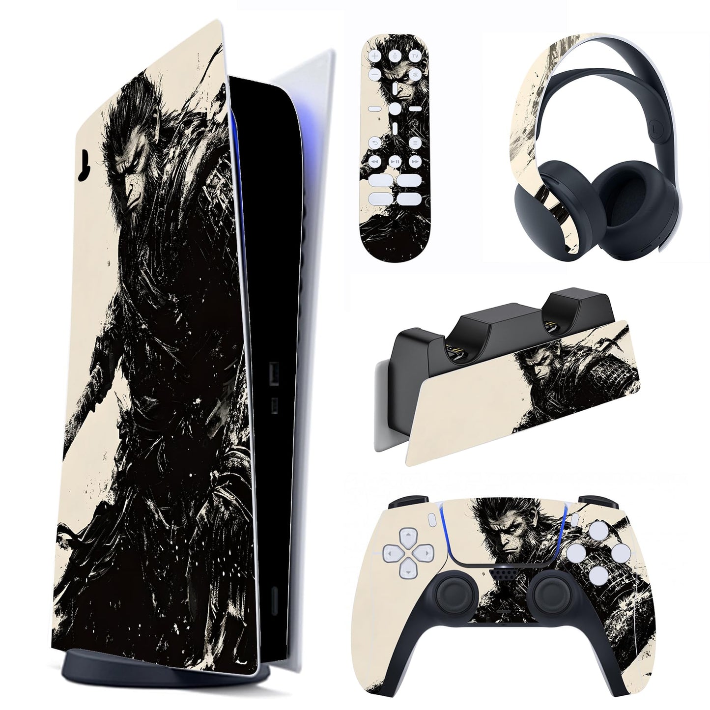 PlayVital Full Set Skin Decal for ps5 Console Digital Edition Sticker Vinyl Decal Cover for ps5 Controller & Charging Station & Headset & Media Remote - Inkblade Wukong