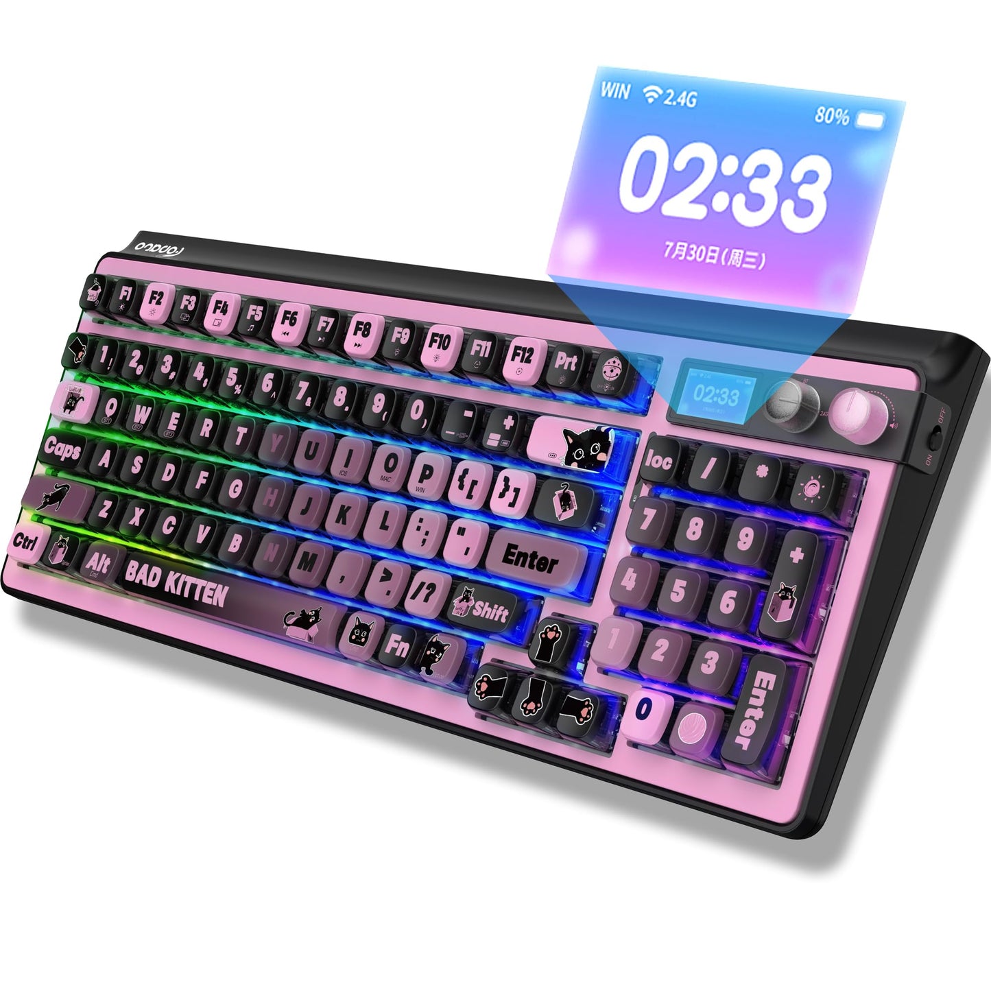 FOPATO H98 Wireless Mechanical Keyboard 96-Key Hot-Swappable Wired Gaming Keyboard Tri-Mode Bluetooth 5.0 2.4G USB-C 1.14 Color Screen Double Knob 6000mAh RGB PBT Keycaps for PC Mac iPad-Black