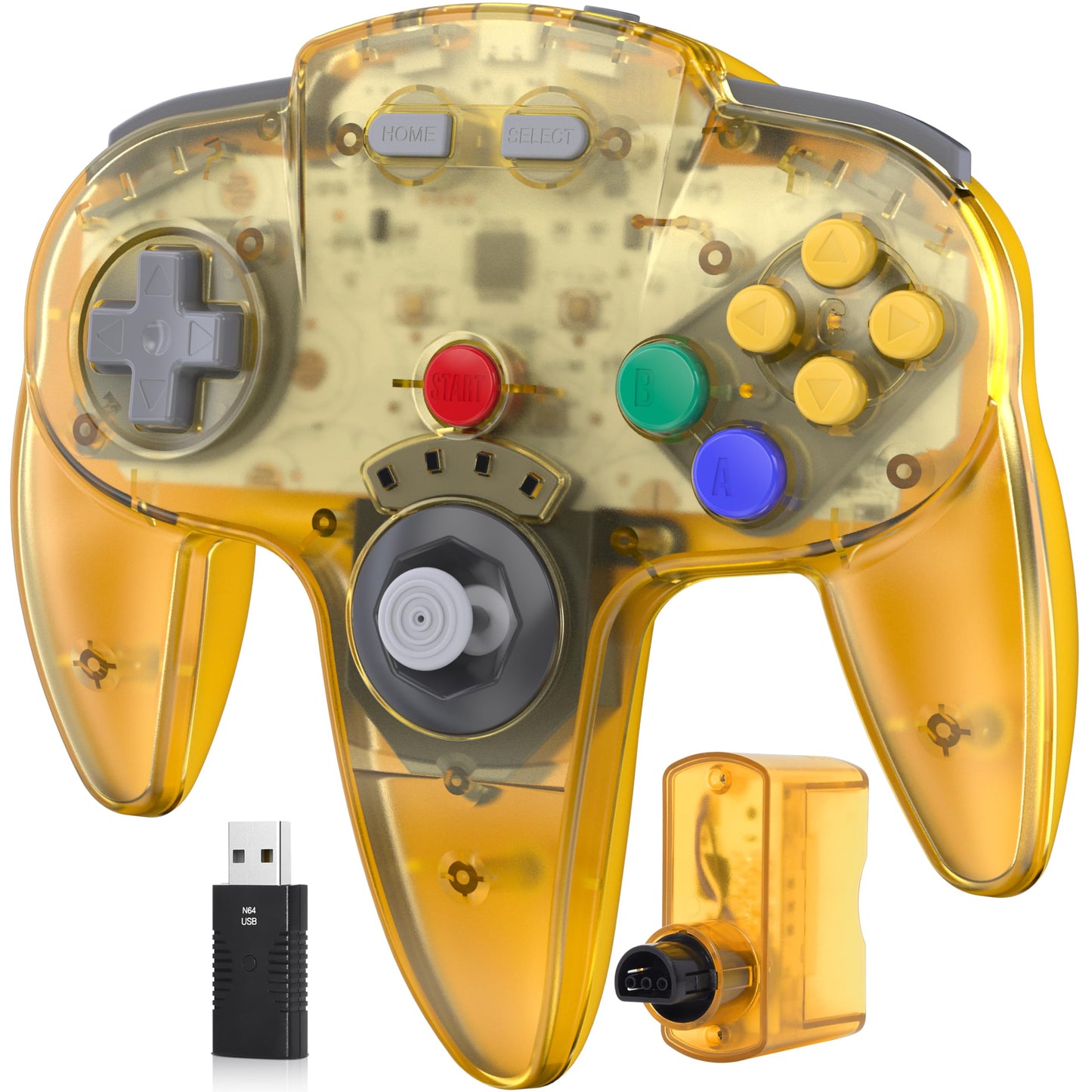2.4 GHz Wireless N64 Switch Online Controller USB & N64 Receiver Compatible with Windows PC Laptop iOS Mac Raspberry Pi N64 / Switch Online/NSO - (Rechargeable) (Plug and Play) Clear Yellow