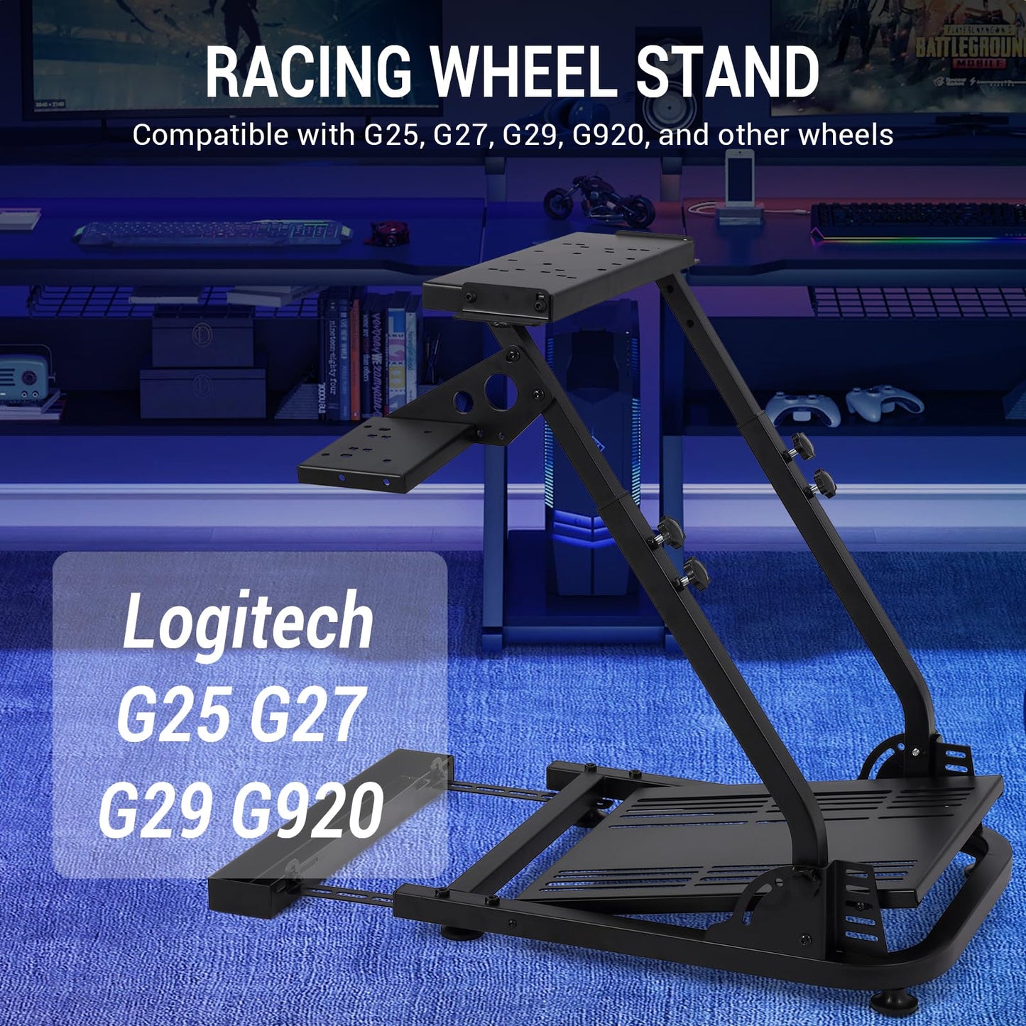 JustSmart L-Shaped Folding Steering Wheel Game Stand - Height Adjustable, Compatible with Logitech, Chair Fixing Seat Slot