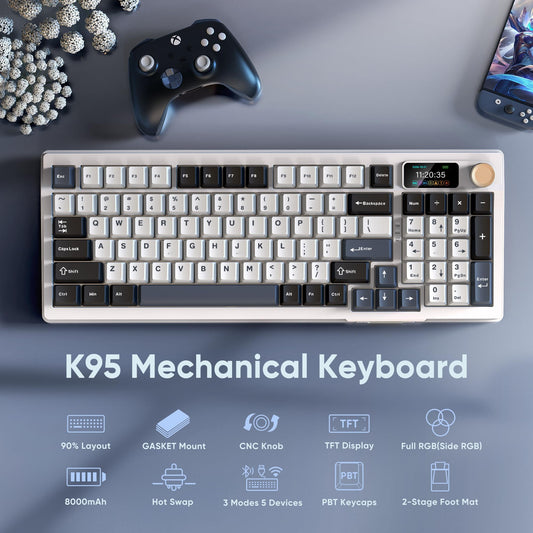 RedThunder K95 Wireless Mechanical Keyboard - TFT Screen, Tri-Mode BT5.0/2.4GHz/USB-C, RGB, Snowy White-Blue