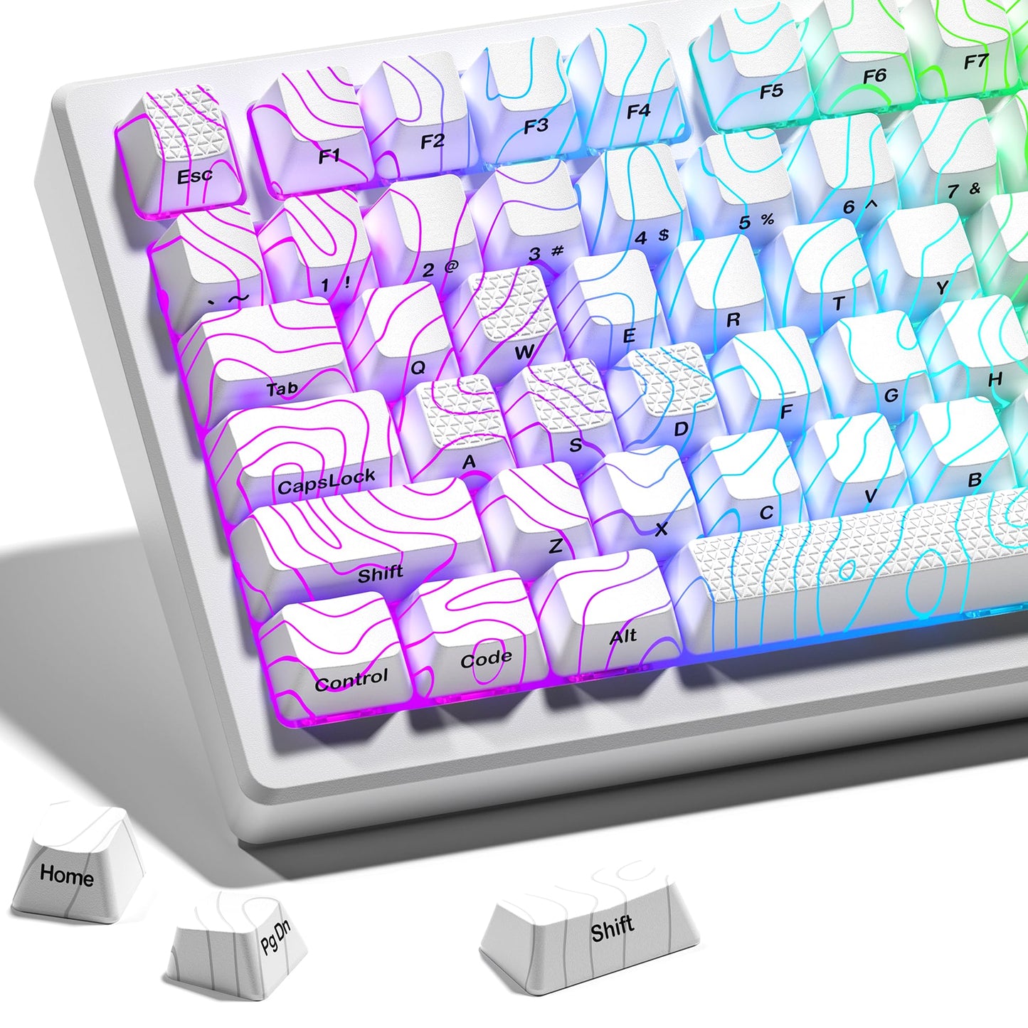 HITIME XVX Shine Through Custom Keycaps with IMD Tech 60 75 100 Percent White OEM Profile 118 Keys Side Printed for Mechanical Keyboard Topographic
