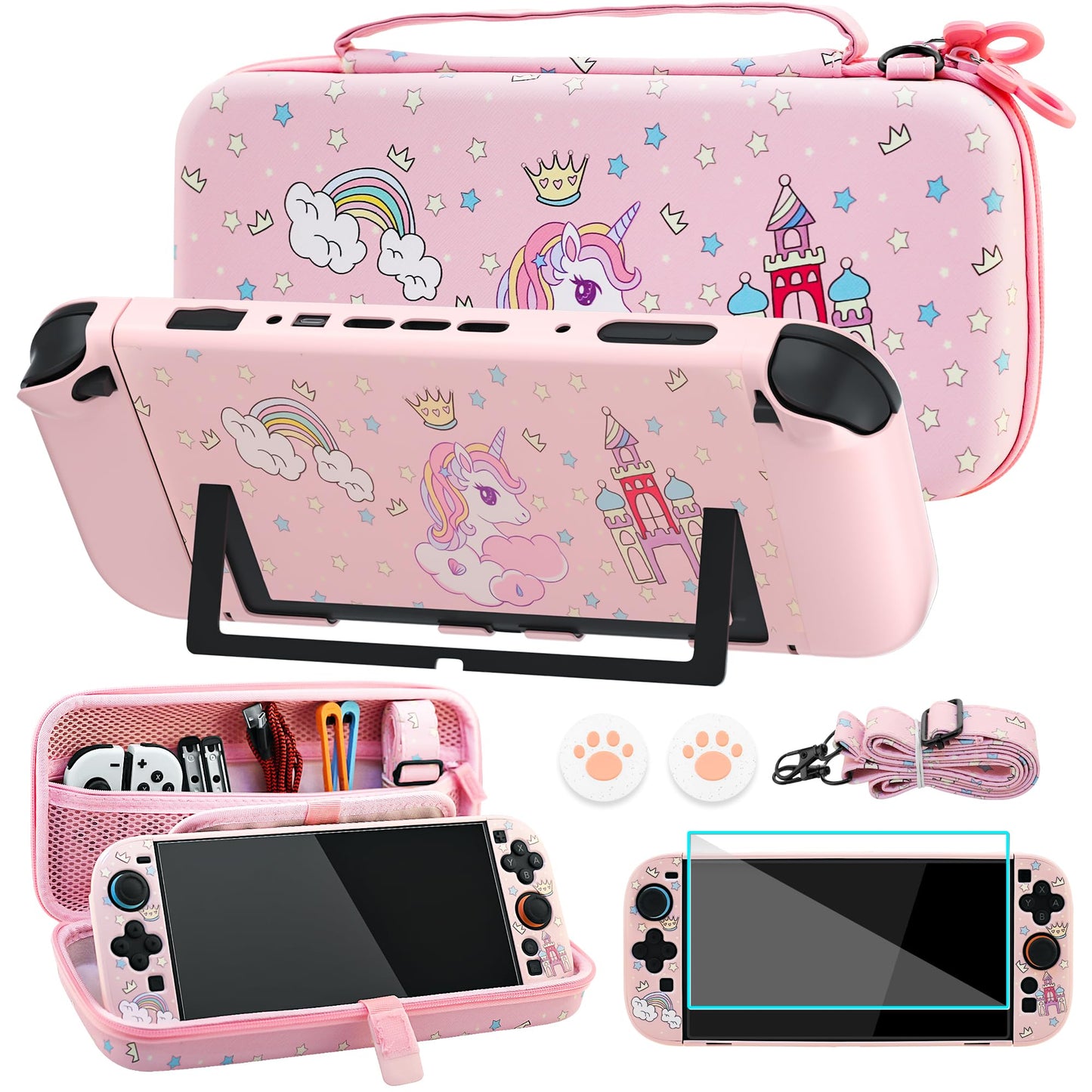 FUNDIARY Pink Travel Carrying Case for Nintendo Switch 2 with Unicorn Design Accessories Kit with Cute Portable Storage Bag Protective Dockable Cover Screen Protector Shoulder Strap and Thumb Caps