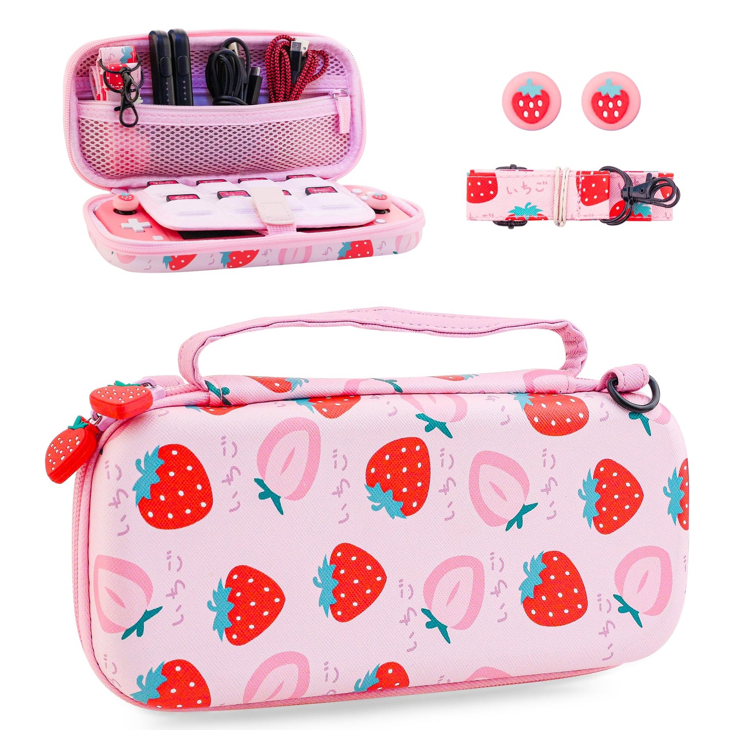 HYPERCASE Strawberry Carrying Case for Nintendo Switch Lite Portable Accessories Bundle with Pink Switch Lite Storage Bag Shoulder Strap & 2 Cute Thumb Caps Built-in 8 Game Card sections for Girls