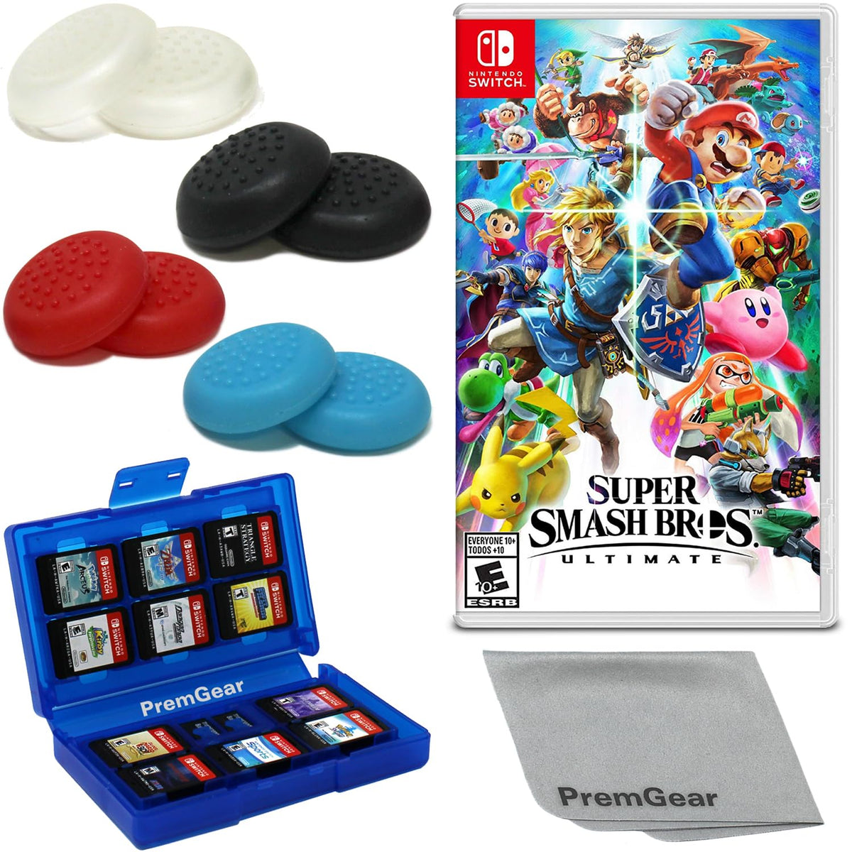 Super Smash Bros. Ultimate - Nintendo Switch with PremGear Thumb Grips (8 pack - Black Blue Red & Clear) 24 Slot Game Card Holder & Cleaning Cloth