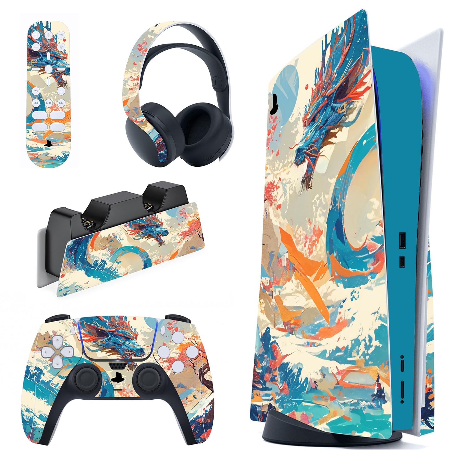 PlayVital Full Set Skin Decal for ps5 Console Disc Edition Vinyl Sticker Decal Cover for ps5 Controller & Charging Station & Headset & Media Remote - Dragons Elysium