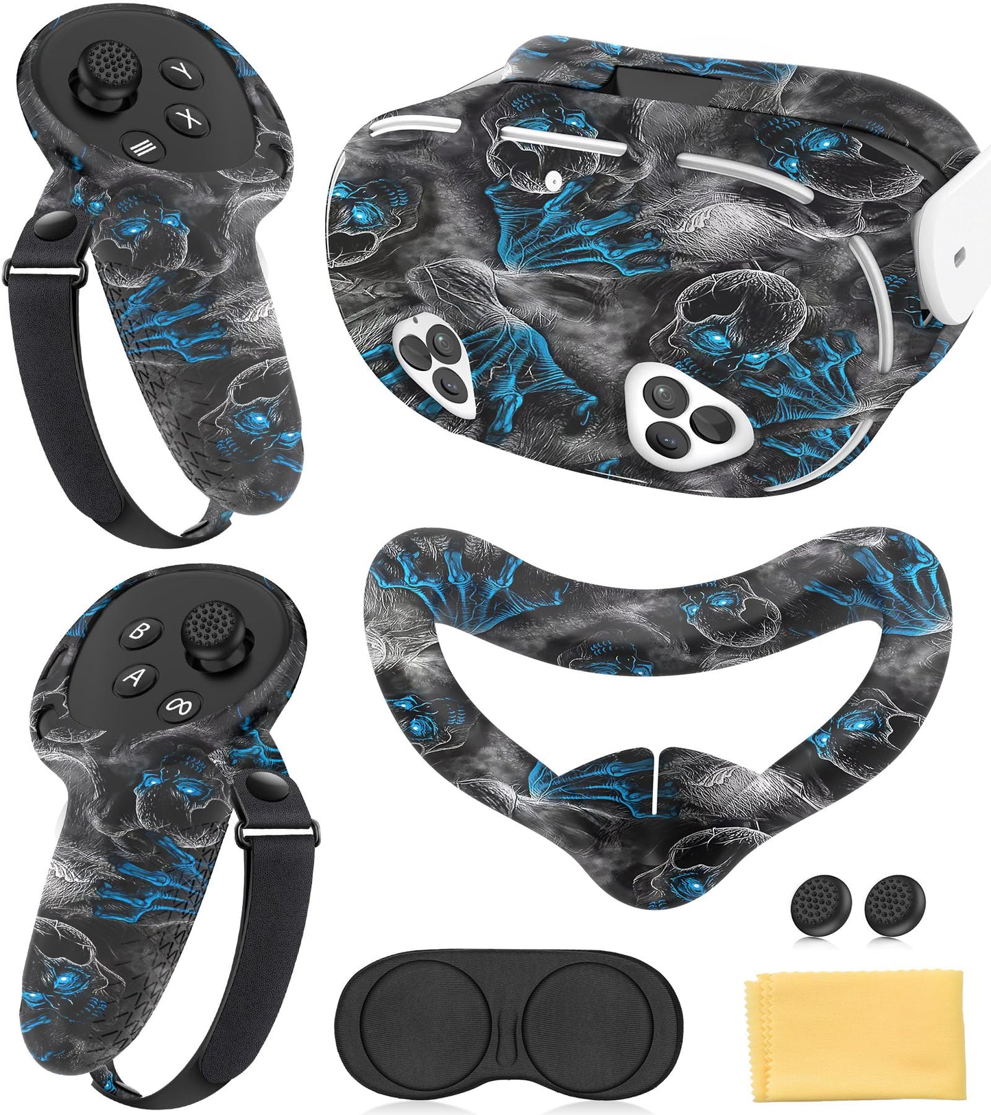 Silicone Cover Set Compatible with Meta/Quest 3S Accessories Controller Grips VR Protector Face & Front Shell Headset Cover and Lens Protective Cove-r (Illusion Black)