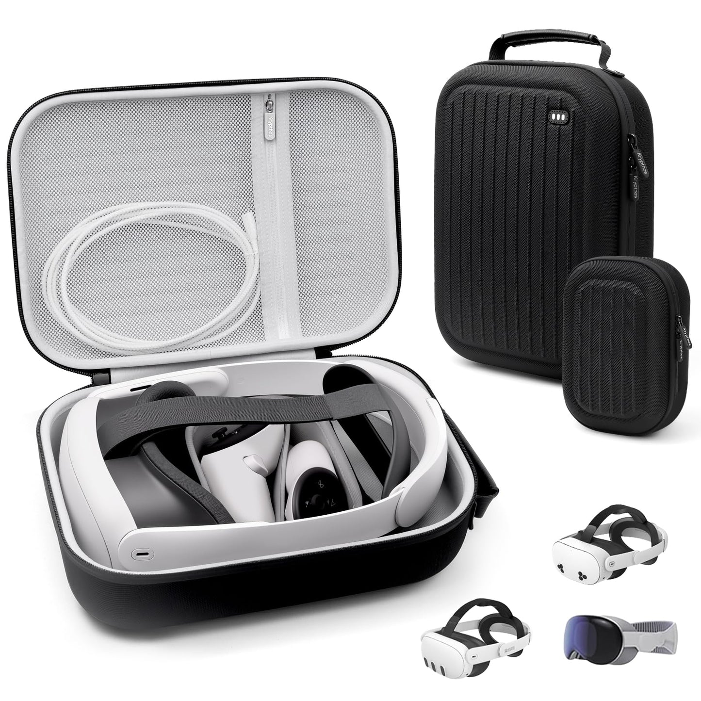 Krypthos Case for Meta Quest 3S/3 Official Original & Elite Strap Portable Hard Carrying VR Headset and Touch Controllers Protection Case for Travel and Home Storage