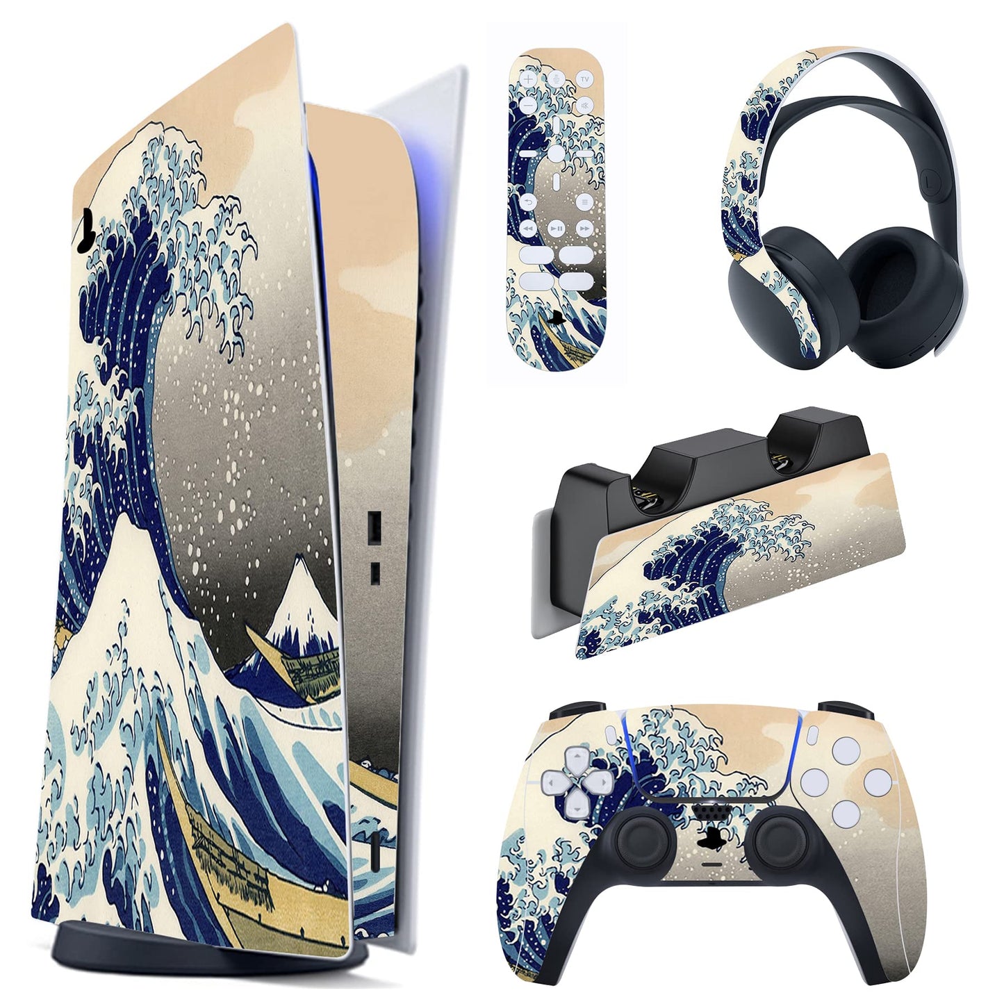 PlayVital Great Wave Dual Side Full Set Skin Decal for PS5 Console Digital Edition Sticker Vinyl Decal Cover for PS5 Controller & Charging Station & Headset & Media Remote