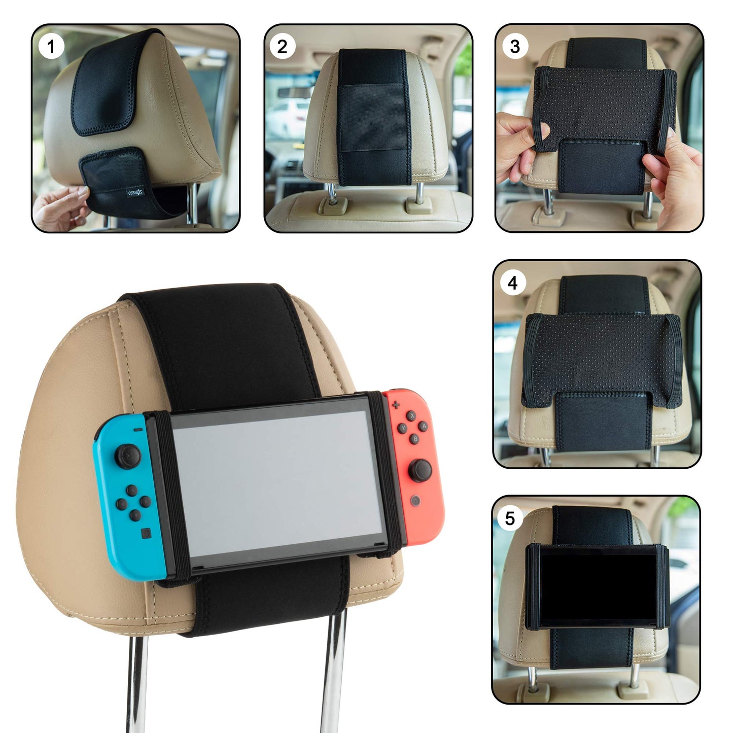 Cosmos Car Headrest Mount Holder for Nintendo Switch & Mini Tablets, Black, Model 1201, Silicone Material