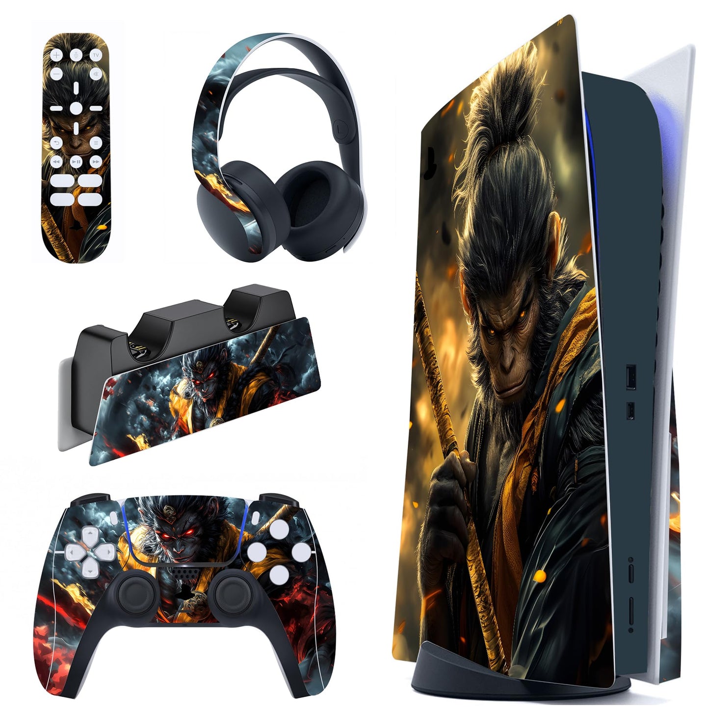 PlayVital for ps5 Skin - Disc Edition Full Set Console Controller Skin Vinyl Decal Wrap Sticker Cover for ps5 Controller & Charging Station & Headset & Media Remote - Wasteland & Cloudstorm Wukong
