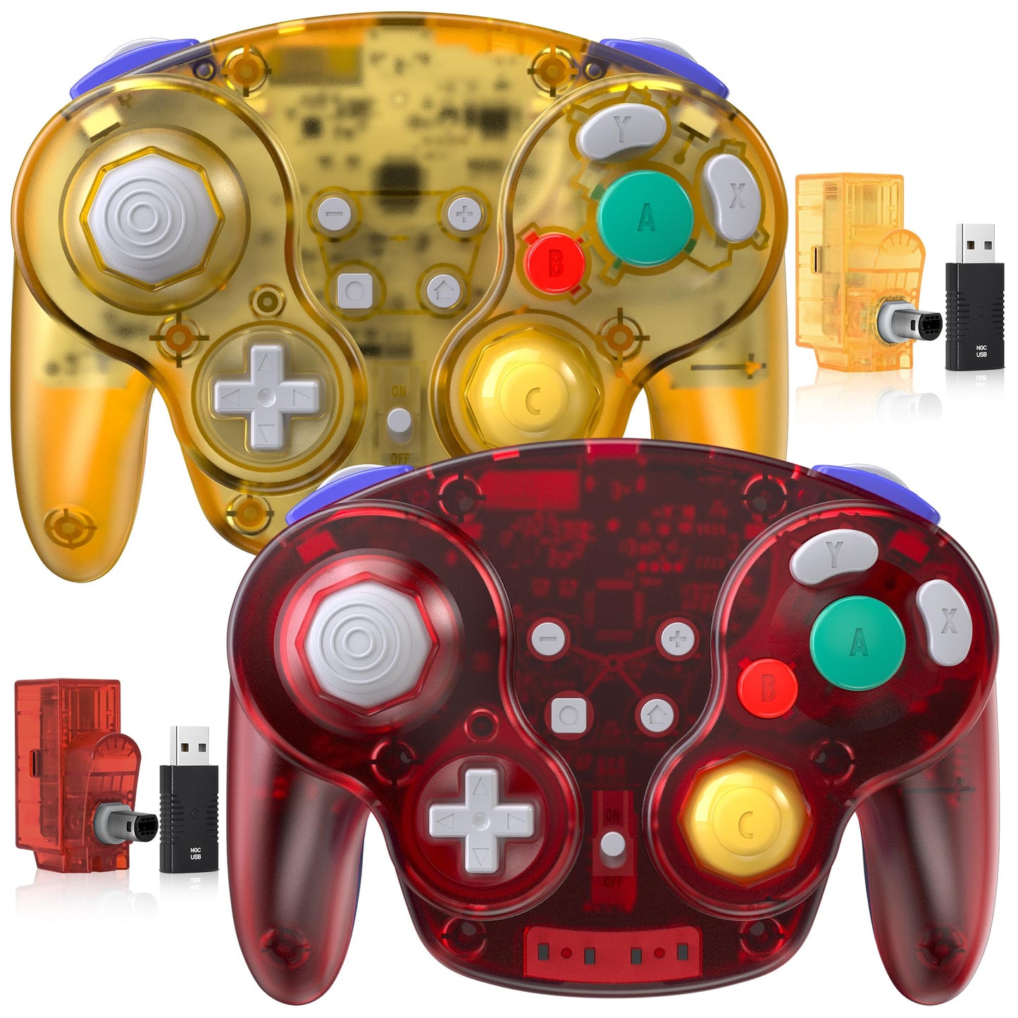 2 Pack 2.4 GHz Wireless GameCube Switch2 Pro Controller for NGC GameCube Console Switch2 / Switch2 OLED/ Switch2 PC Steam Deck PC (Built-in Rumble) (Rechargeable) (Plug and Play) Clear Yellow/Red