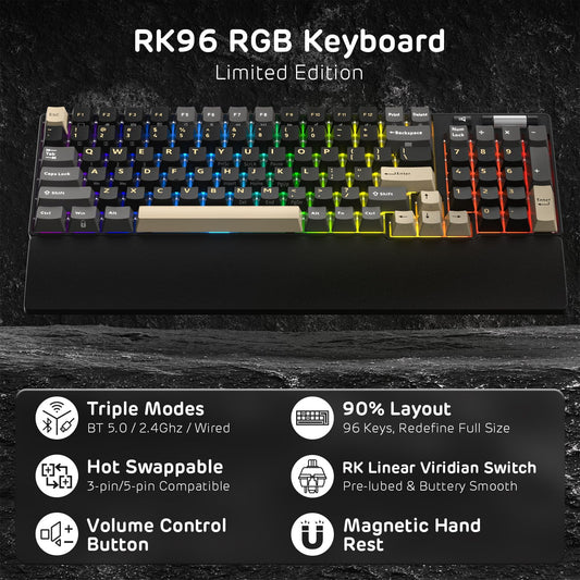 RK ROYAL KLUDGE RK96 90% Wireless Mechanical Keyboard - RGB, Hot Swappable, Linear Viridian Switch, Eclipse Black, Volume Control, Massive Battery