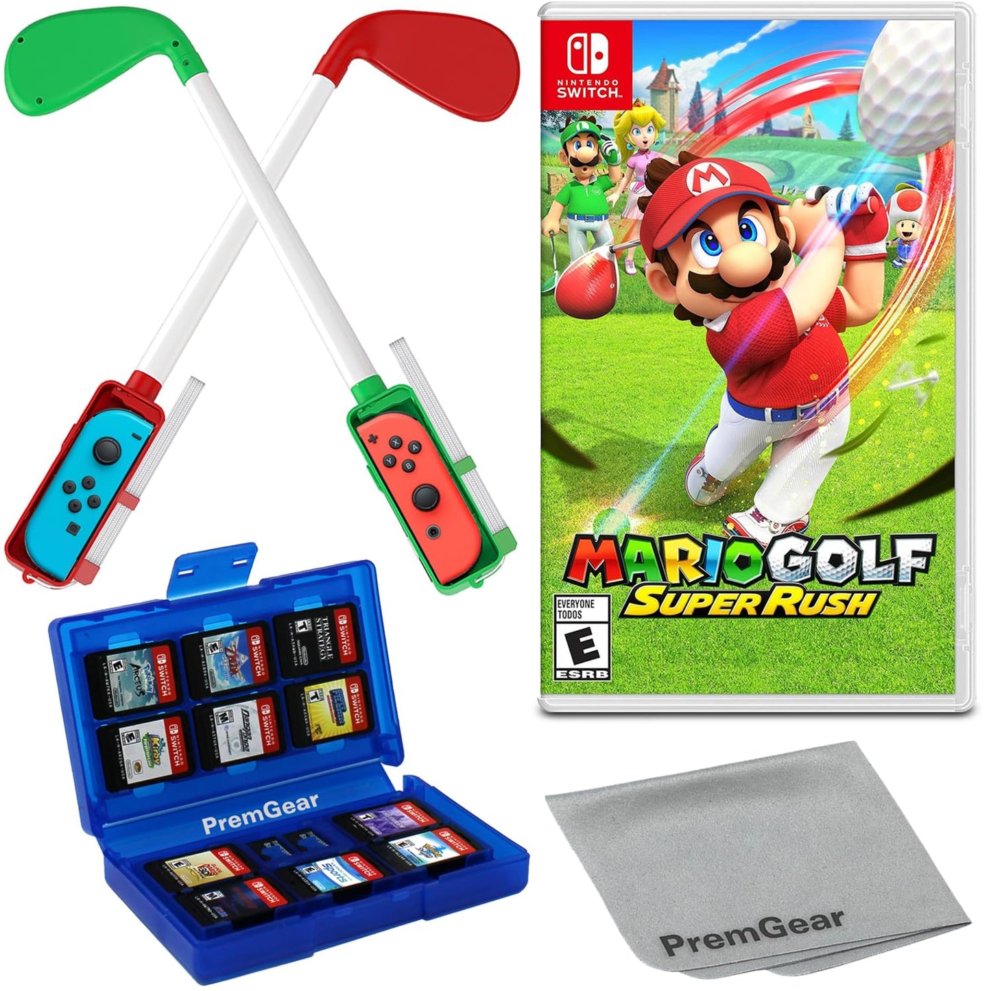 Mario Golf: Super Rush for Nintendo Switch (US Version) with Golf Clubs for Joy-Con Controllers (2 pack Red & Green) 24 Slot Game Card Holder & Cleaning Cloth