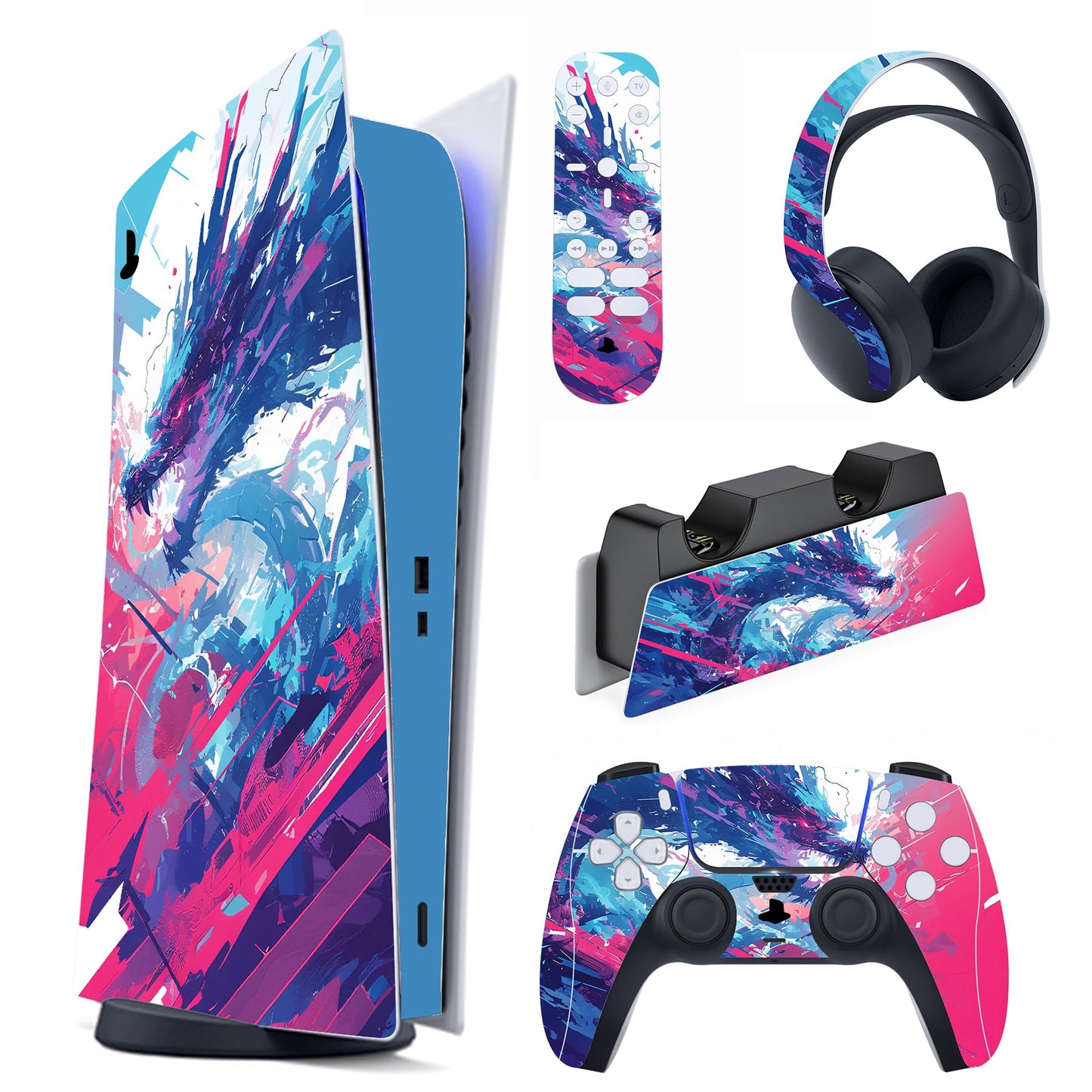 PlayVital Full Set Skin Decal for ps5 Console Digital Edition Sticker Vinyl Decal Cover for ps5 Controller & Charging Station & Headset & Media Remote - Neon Dragoon