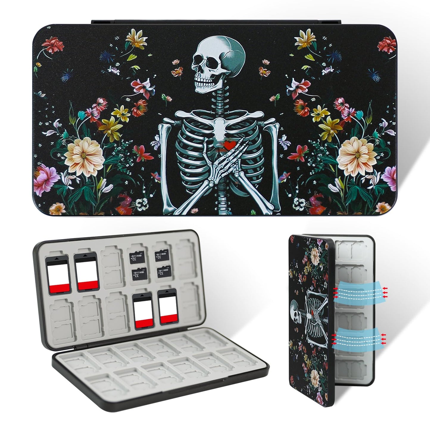 FlyingMage 24 Switch Game Card Case for Nintendo Switch 2/OLED/Lite Cute Halloween Switch Game Holder Cartridge Case for 24 Slots and 48 SD Card Storage Switch 2 Compact Card Holder Flower Skull