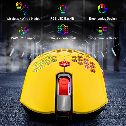ZIYOU LANG Wireless Gaming Mouse - 16 RGB Backlit, Ultralight, 12000 DPI, Rechargeable, Honeycomb Shell, Yellow