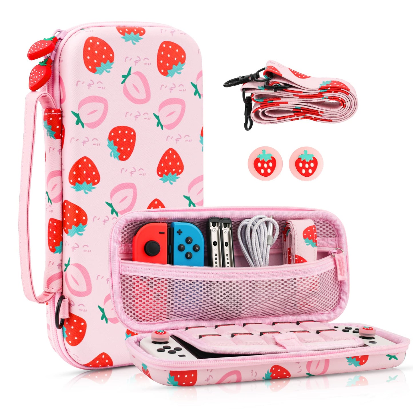 FANPL Carrying Case for Nintendo Switch & Switch OLED Pink Strawberry Travel Case with Adjustable Shoulder Strap Hard Shell Thumb Grips Anti-Scratch