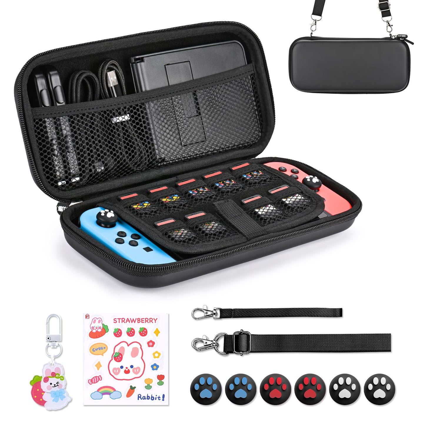 Younik Switch Case for NS Switch and Switch OLED 11 in 1 Black Switch Accessories Kit Include Switch Carrying Case Thumb Caps Cute Sticker and Pendant
