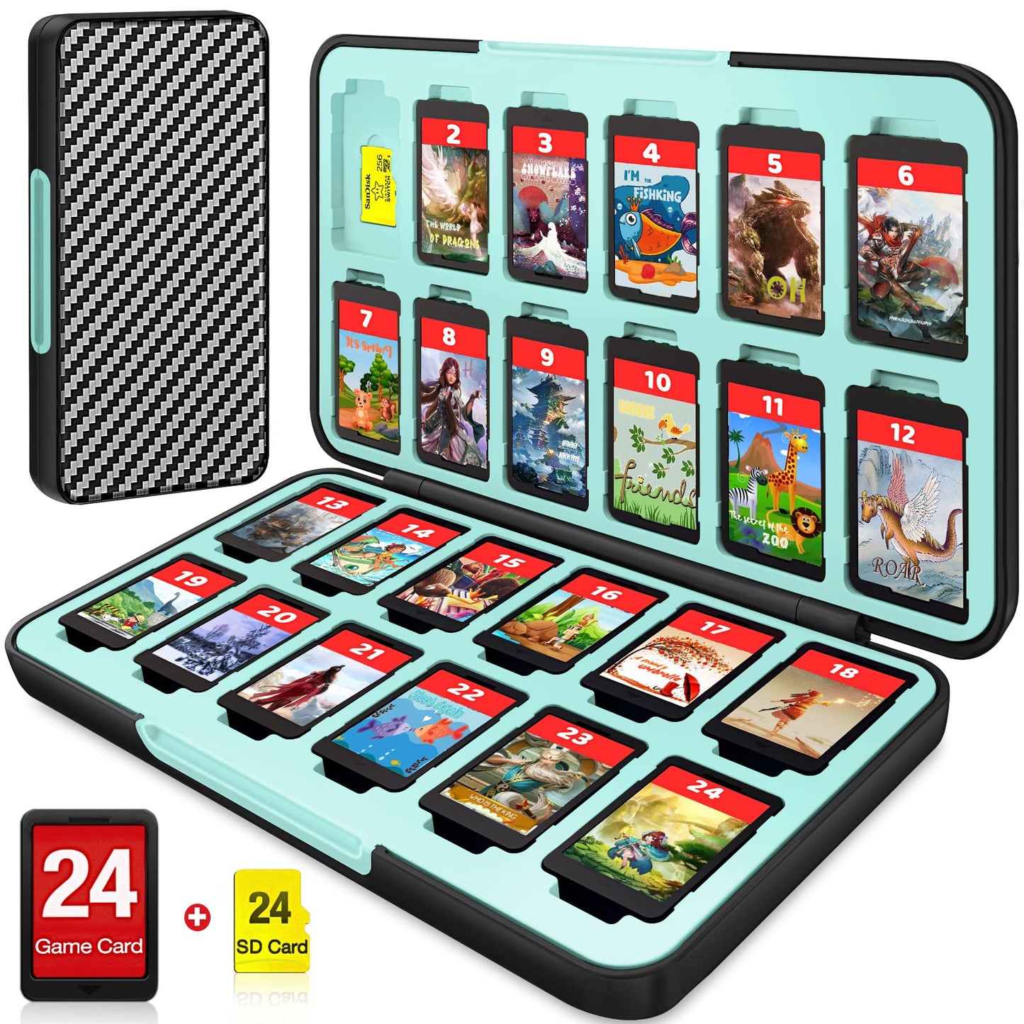 CYKOprotective gear Switch Game Card Case Holder - Storage 24 Games & 24 Micro SD Card Case Organizer refill unit for Nintendo Switch/OLED/Lite Hard Shell Magnetic Closure Soft Rubber removee Black Blue