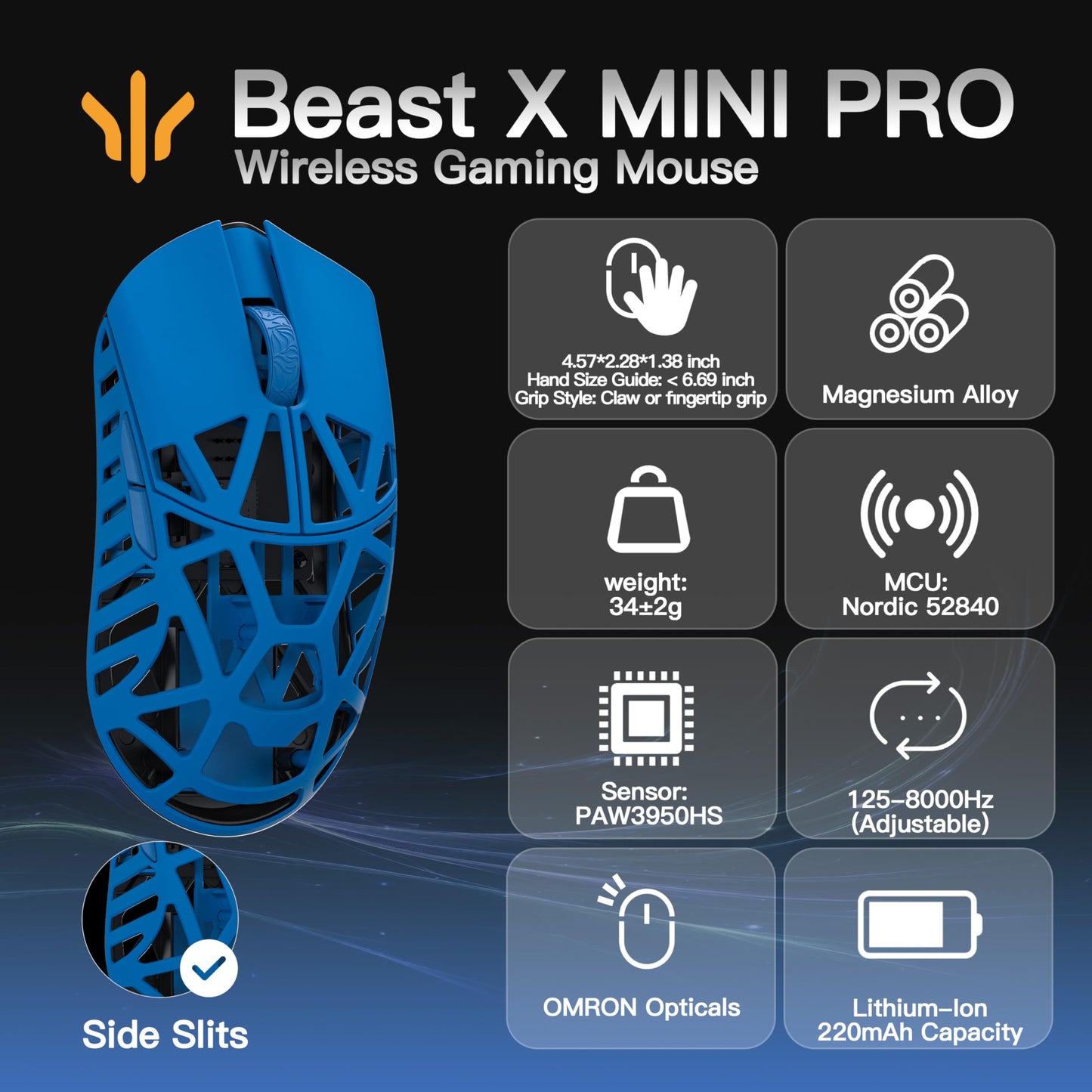 SMACKAPE WLMOUSE Beast X Mini Pro Gaming Mouse - 34g, 30000 DPI, 8K Polling Rate, Infinity Blue, OM Switch-Side Slits, 116