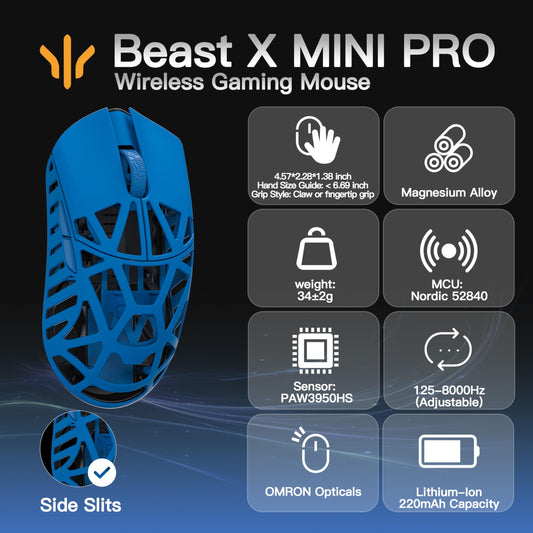 SMACKAPE WLMOUSE Beast X Mini Pro Gaming Mouse - 34g, 30000 DPI, 8K Polling Rate, Infinity Blue, OM Switch-Side Slits, 116