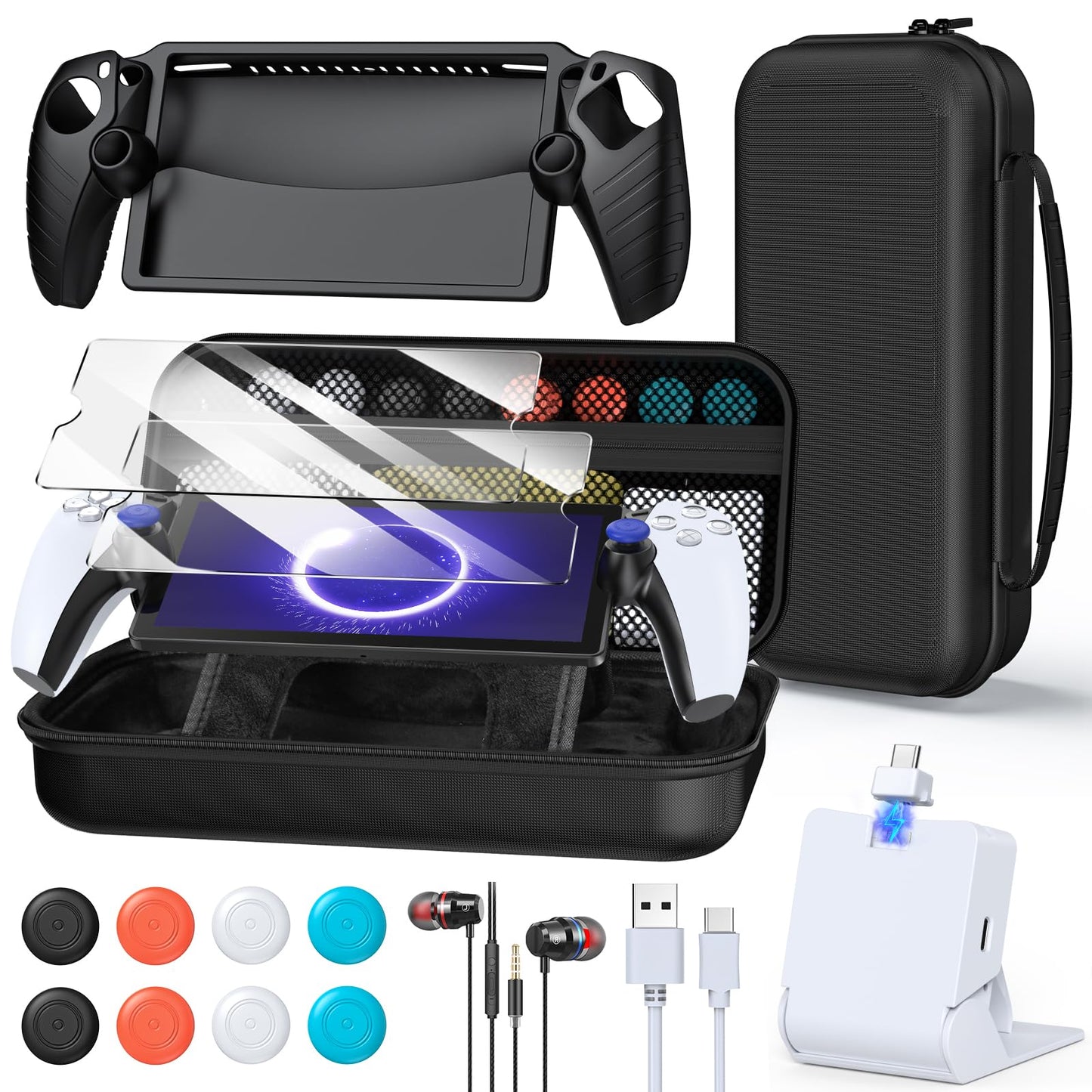 FYOUNG Accessories Kit for PlayStation Portal Carrying Case Bundle and Magnetic Portable Charger for PS5 Portal with Protective Case 2 Screen Protectors Wired Headphone 8 Thumb Grips (Black)