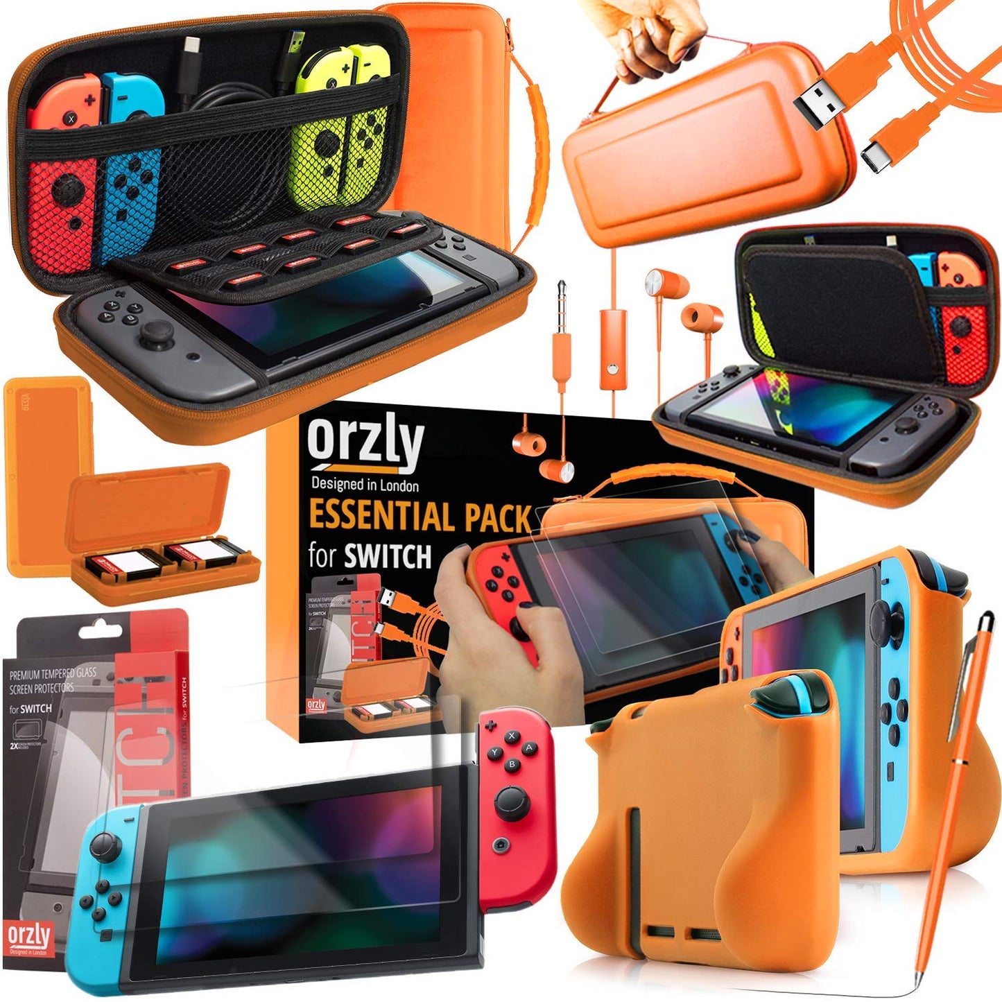 Orzly Switch Accessories Bundle - Carry Case for Nintendo Switch Console Tempered Glass Screen Protectors USB Charging Cable Switch Games Case Comfort Grip Case & Headphones ORANGE