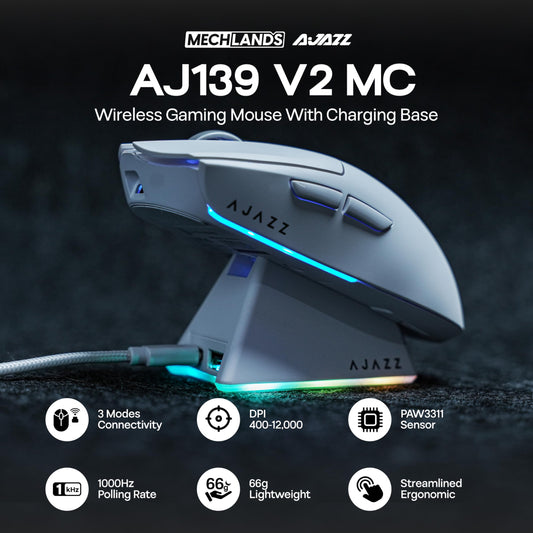 MechLands AJAZZ AJ139 V2 MC Gaming Mouse - 12,000 DPI, Wireless, 3 Modes, 500mAh Battery, Lightweight, White