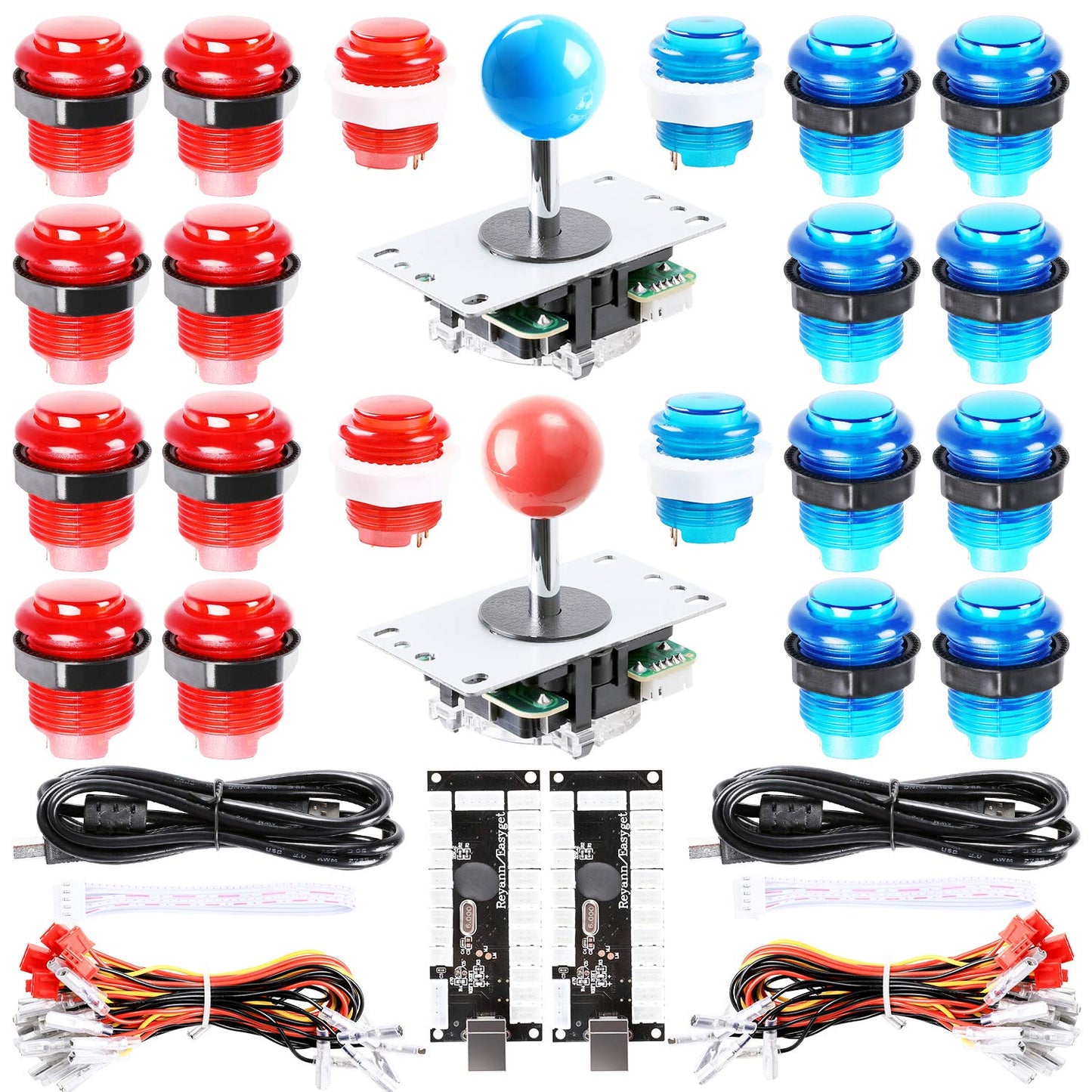 Easyget LED Arcade DIY Parts 2x Zero Delay USB Encoder + 2x 8 Way Joystick + 20x LED Illuminated Push Buttons for Mame Jamma Arc