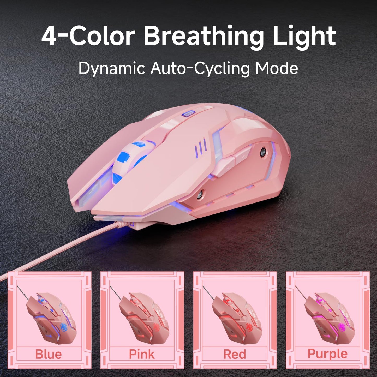 SEUNKWANG G3 Wired Gaming Mouse - 2400 DPI, 6 Macro Buttons, Metal Base, Pink