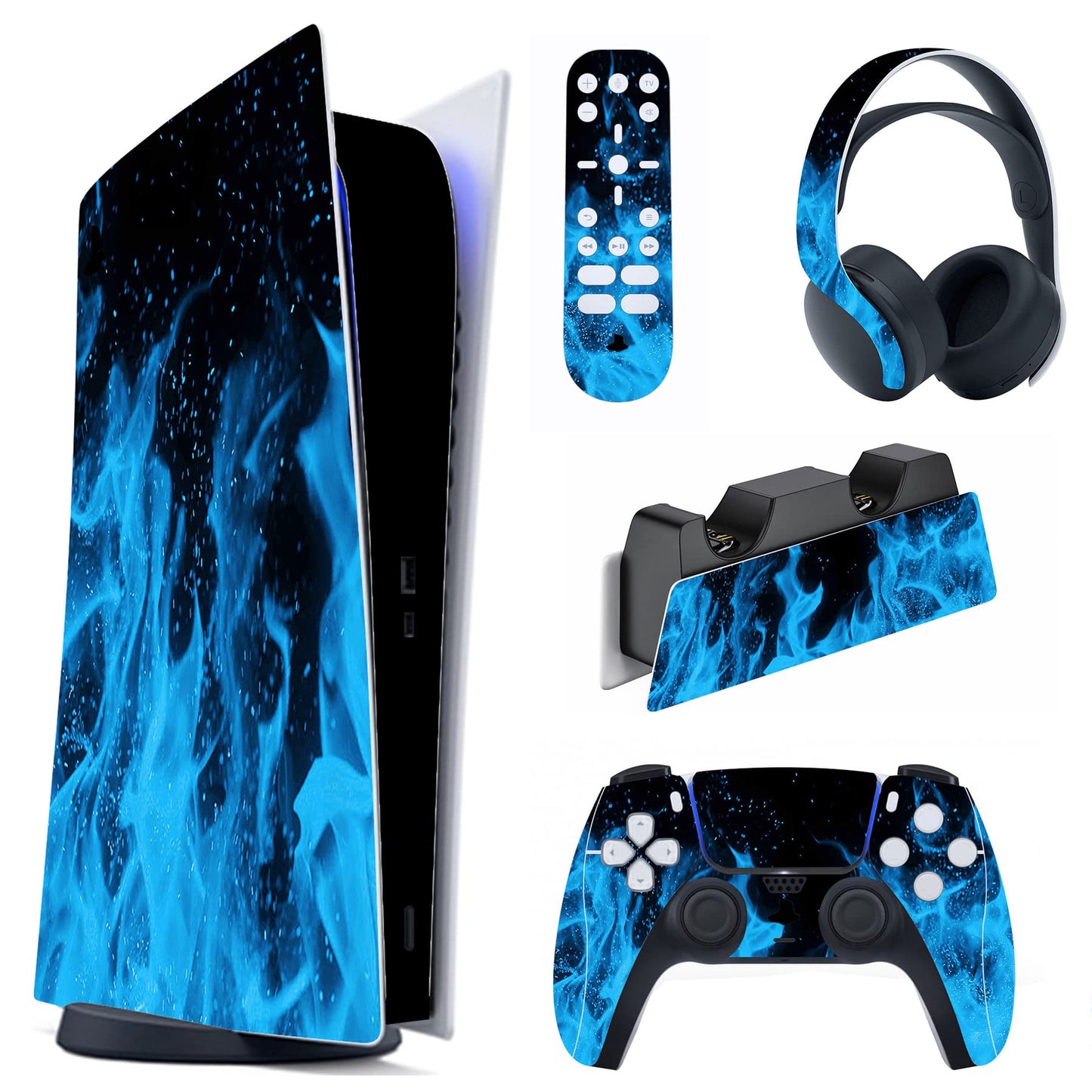 PlayVital Blue Flame Full Set Skin Decal for ps5 Console Digital Edition Sticker Vinyl Decal Cover for ps5 Controller & Charging Station & Headset & Media Remote