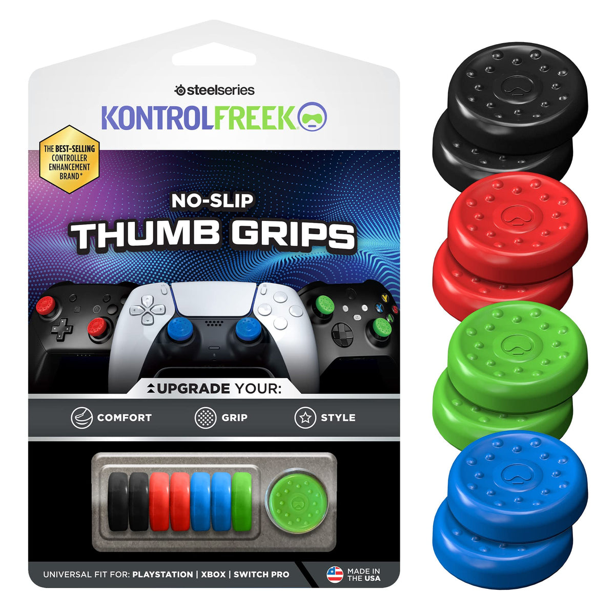 KontrolFreek No-Slip Thumb Grips | Universal Edition for Nintendo Switch Pro PlayStation 4 (PS4) PlayStation 5 (PS5) Xbox One & Xbox Series X Controller | 8-Pack | Blue/Green/Red/Black
